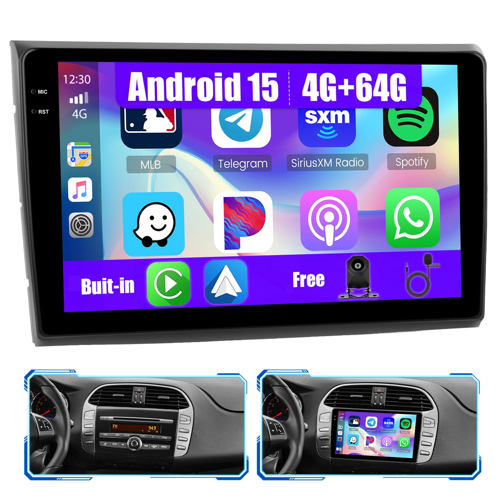 [4G+64G] Inefala Android 15 Radio Coche para Fiat Bravo 2008-2013 con Wireless Carplay Android Auto, 9" Pantalla Autoradio con GPS WiFi RDS/FM Bluetooth EQ SWC Cámara Trasera Mic