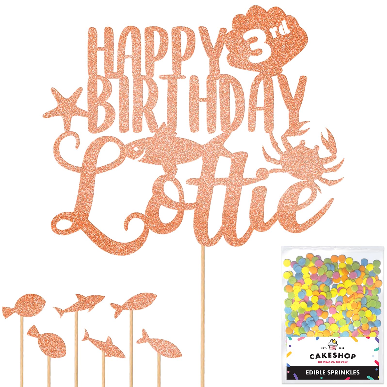 Personalised Birthday Under The Sea Glitter Cake Topper Rose Gold Any Custom Age & Name Glitter Cake Decoration and Sprinkles - Happy Birthday Decorations - Personalised Toppers for Cakes by Cakeshop — image 1