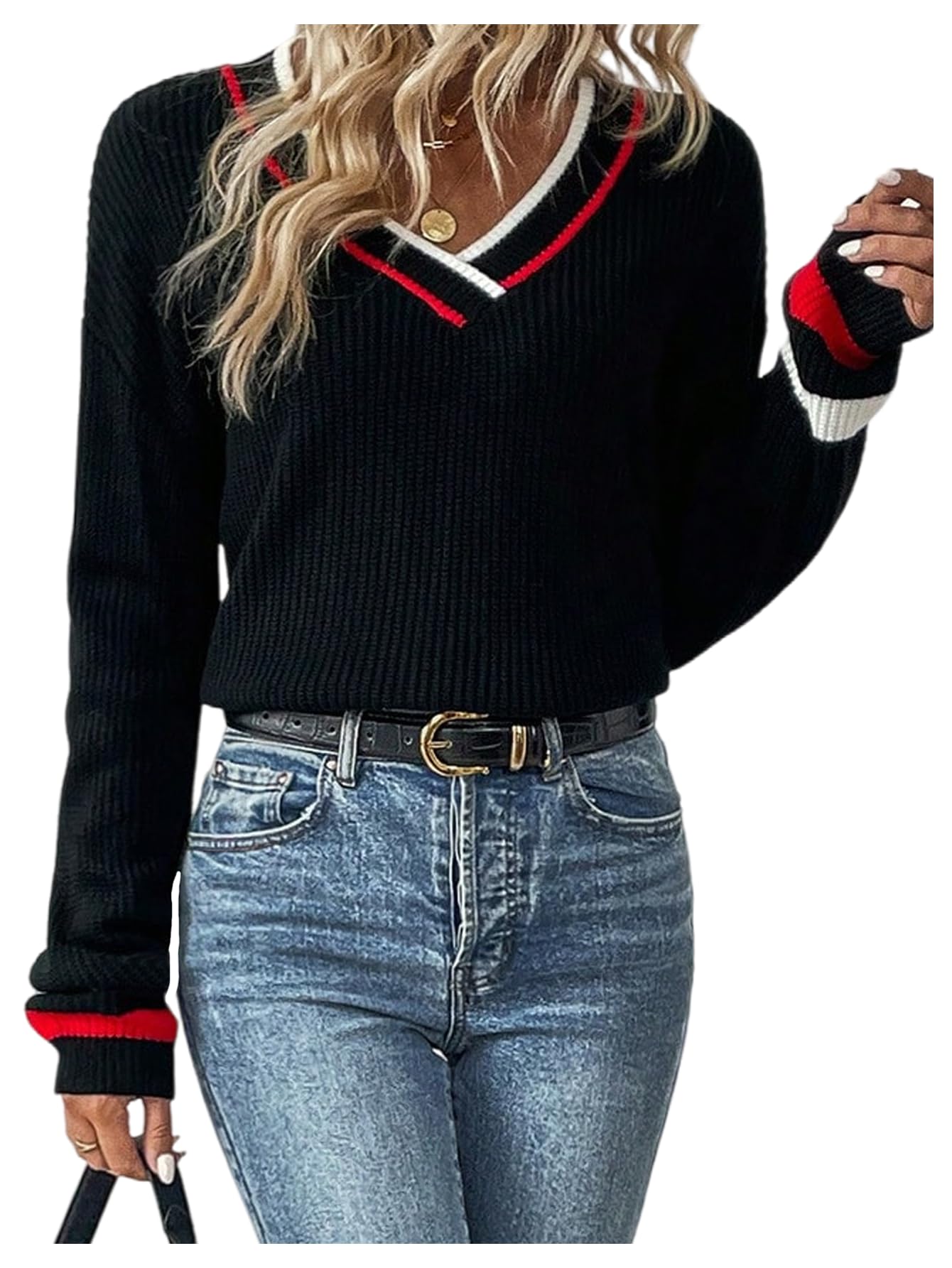 Milumia Womens Striped V Neck Knitted Sweater Long Sleeve Fall Winter Pullover Knitwear Tops