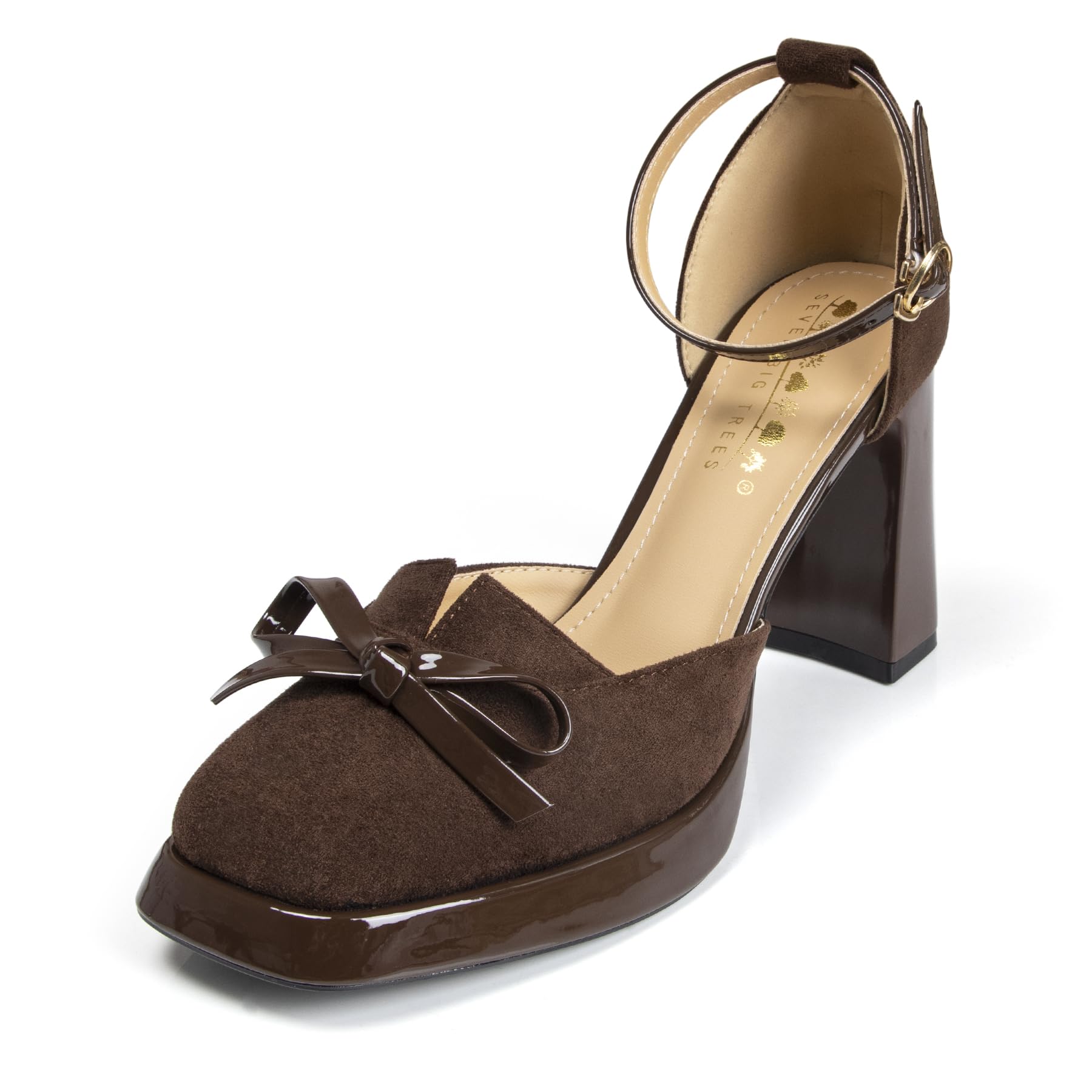 Chunky Platform Heels with Bow for Women Square Closed Toe Ladies Black Dress Suede Pumps Shoes for Wedding Party Bridal Ankle Strap High Heels