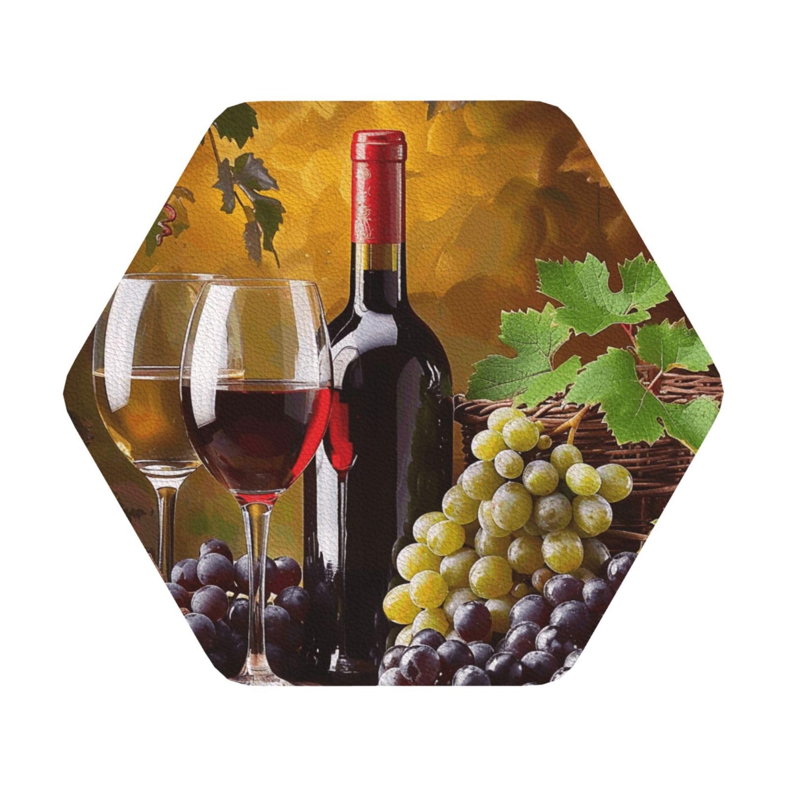 Grapes Wine Bottles and Drink Print Leather Coaster Set of 6, Hexagon Coasters Table Decorative Coffee Cup Beverage Coasters Wine Beer Bar Coasters for Hot Drinks Table Protection