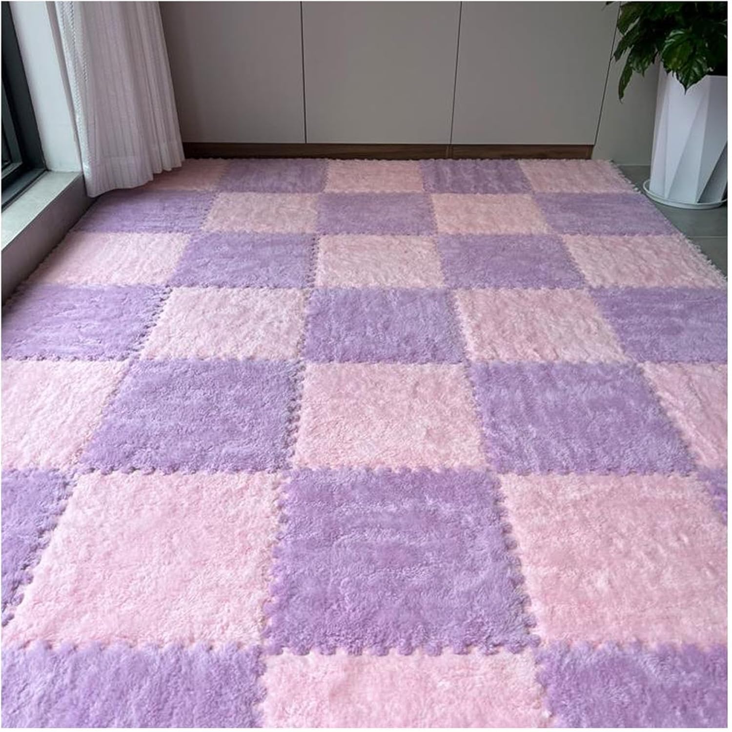 LoiYtrd Interlocking Carpet Tiles Soft EVA Foam Mats 10pcs 30x30x1cm Thickend Plush Puzzle Play Mat(Pink+Purple)