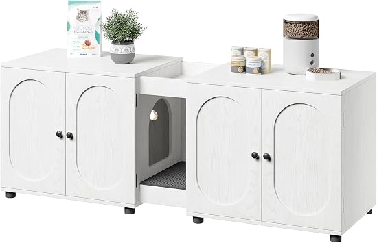 Spacious Double Cat Litter Box Enclosure Furniture, Hidden Litter Cabinet with Ventilation, Modern Pet Furniture with Built-in Tracking Mat, Multi-Functional Sideboard for Living Room Bedroom