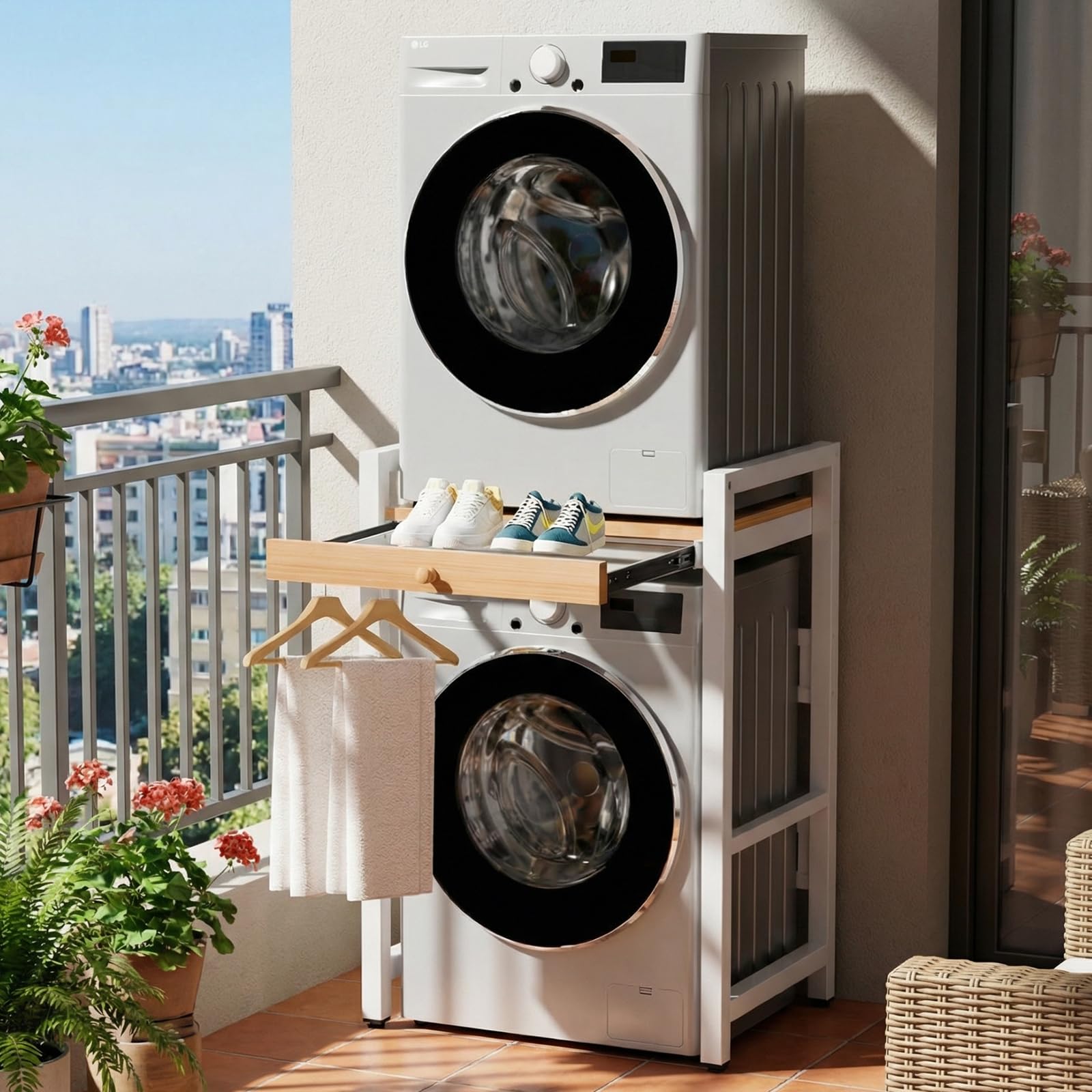 Regal über Waschmaschine mit Ausziehbarer Handtuchhalte,Waschmaschine Trockner Schrank, Waschmaschinenschrank mit Trockner, Lagerregal über Der Waschmaschine (Weiß)