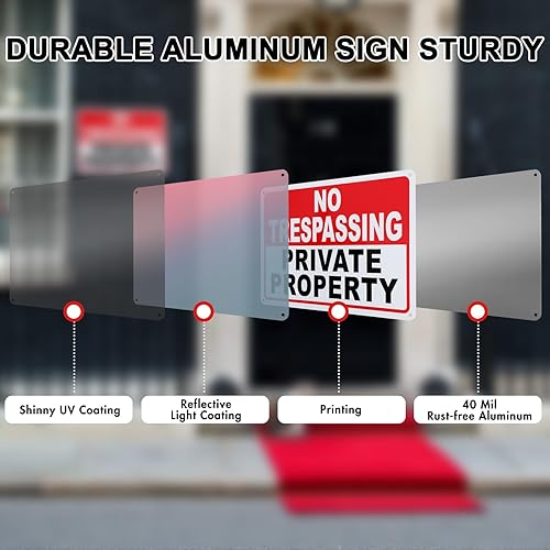 Miniatura 4 de 2 paquetes de señales de no trespassing de propiedad privada – 10x7 pulgadas de aluminio libre de óxido, impreso con UV, recubrimiento reflectante