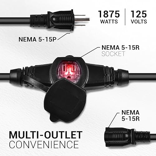 Miniatura 3 de COLSEN Cable de extensión con múltiples tomas cable SJTW de alimentación de calibre 16 resistente de 25 pies, enchufe múltiple NEMA de 15 amperios,