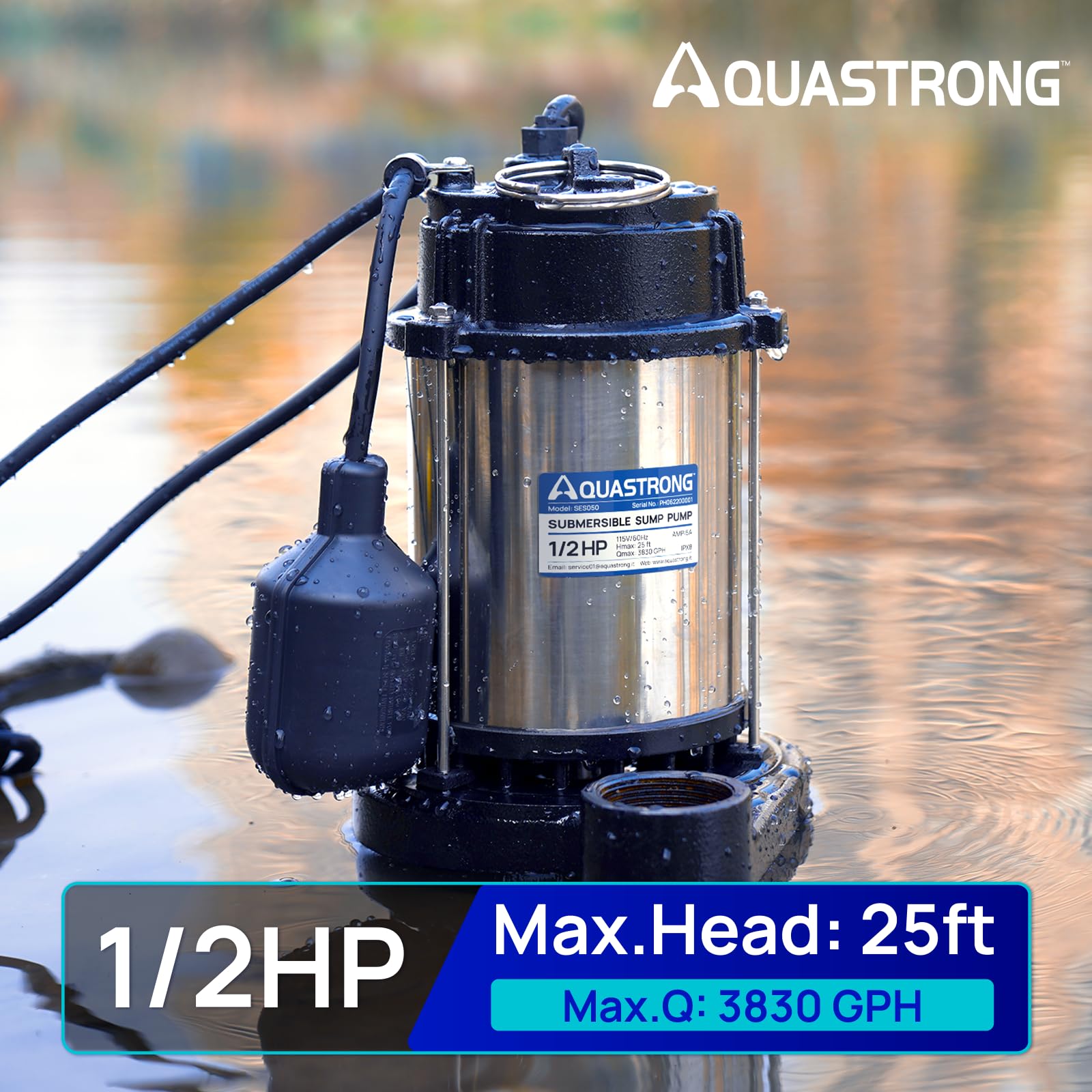 AQUASTRONG 1/2 HP Sump Pump Submersible, 3830 GPH Stainless Steel and Cast Iron Sump Pump, Automatic Float Switch with Piggy-back Plug,1-1/2" NPT Discharge Subpumps for Basement and Flooding Area