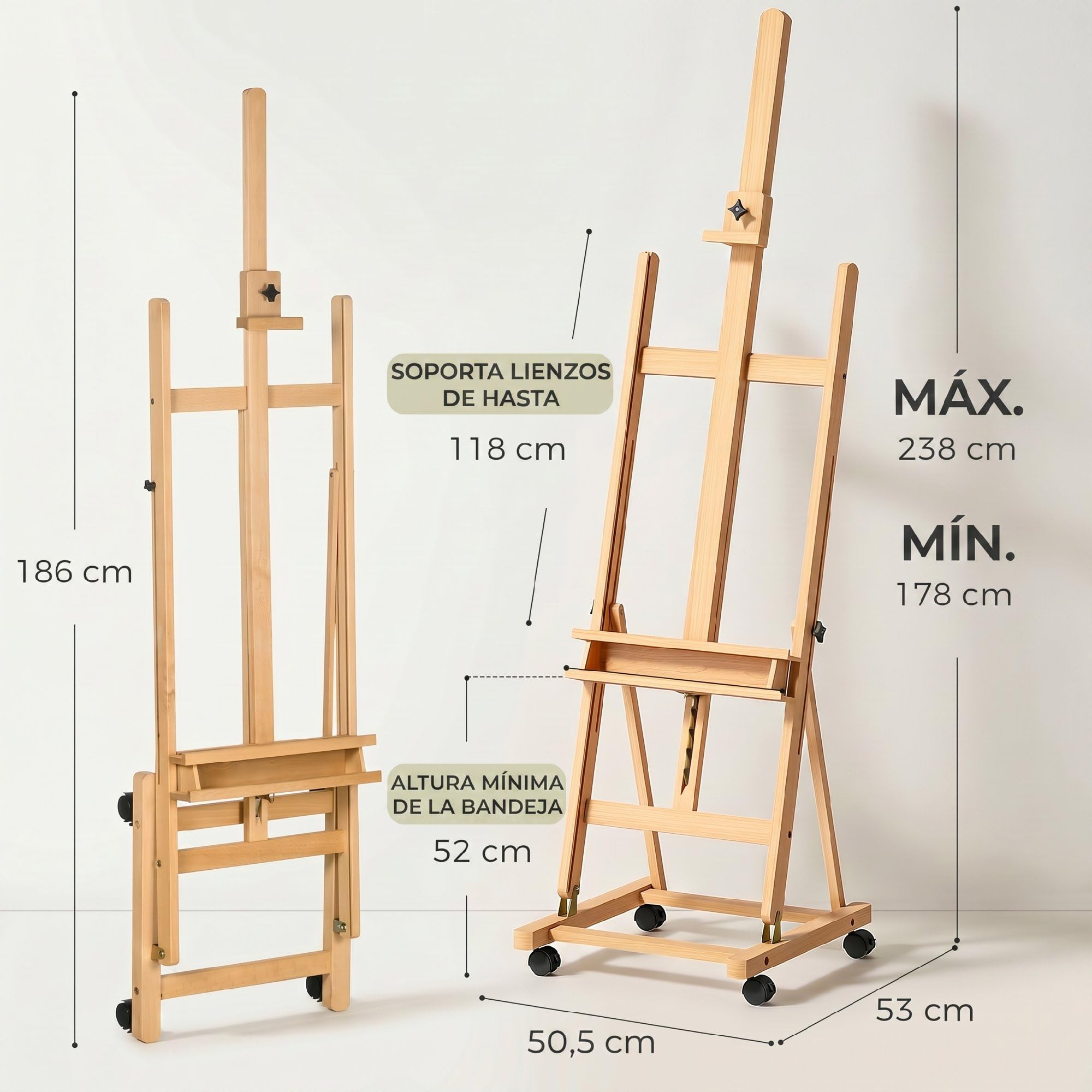 Vinsetto Caballete de Pintura Plegable, 238 cm, Caballete de Madera con Ruedas, Altura Ajustable, Bandeja, para Adultos, Artistas, Pintor, Estudiantes, Natural