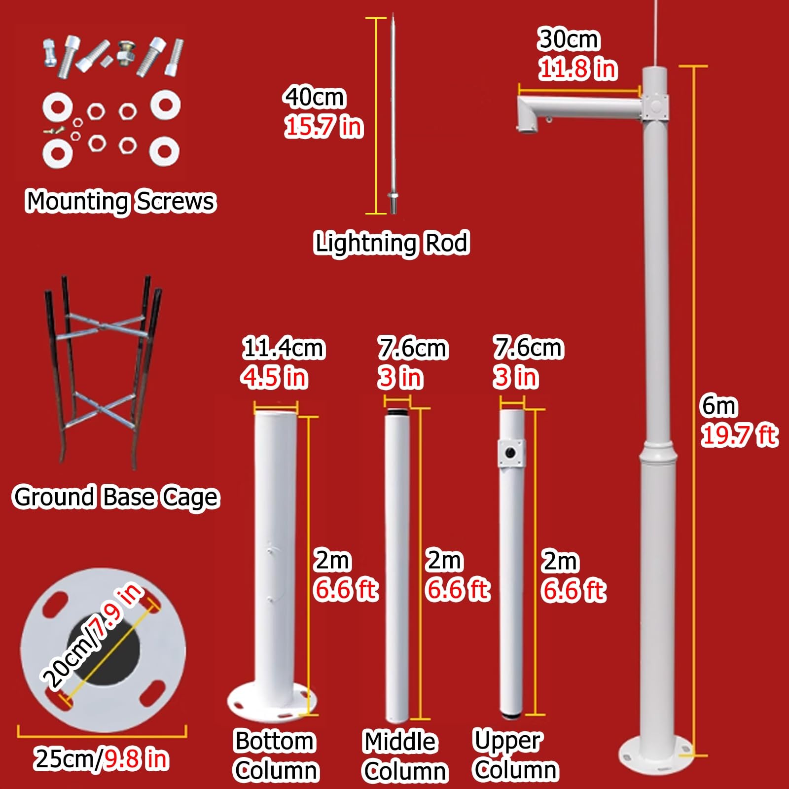 Genérico Soporte para cámara de Seguridad Resistente a la Intemperie: Poste Universal para Suelo con mástil de vigilancia Ajustable de 6 Metros y Brazo Transversal de 10 cm, 28 cm y 30 cm para monito