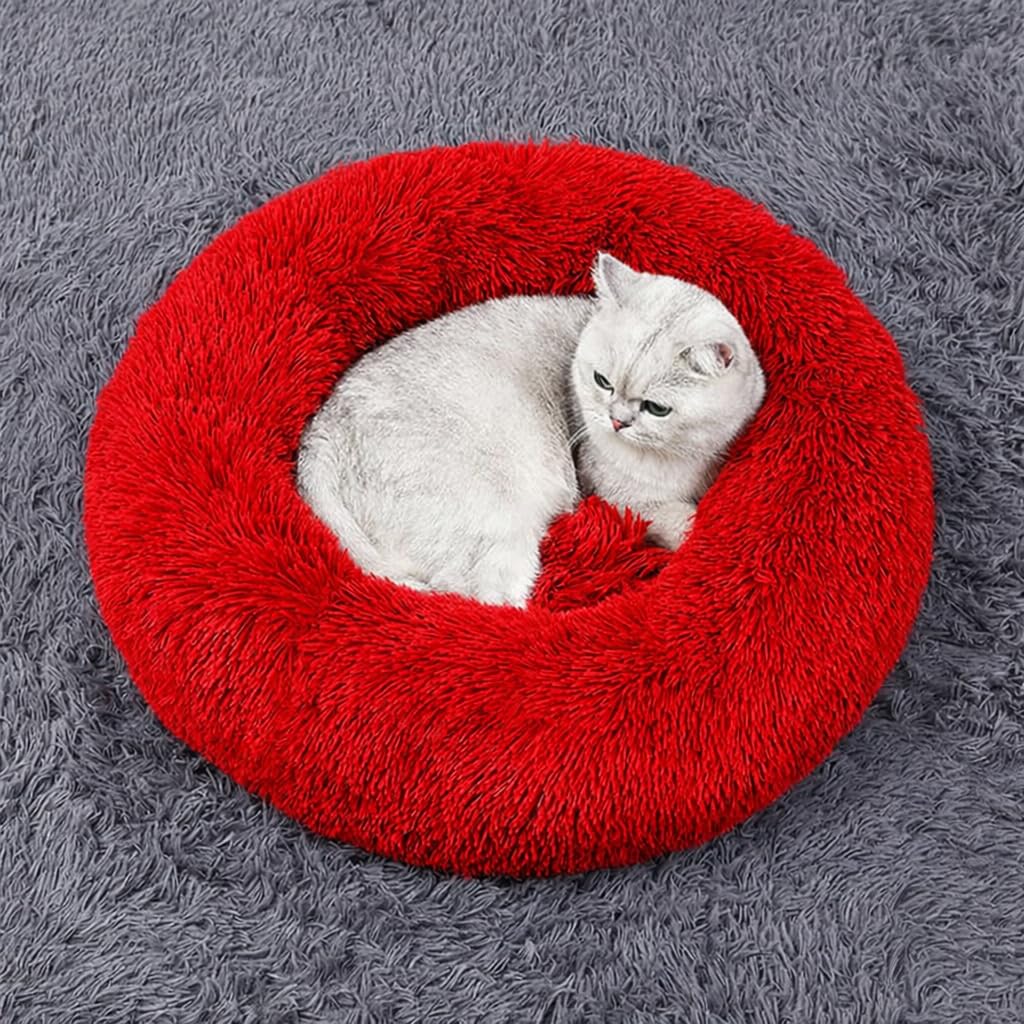 ZEXSAZONE Round Donut Pet Bed for Cats and Puppies Dogs, Cozy and Plush, Raised Bedside Support, Both Sides Use Like 2 in One, Washable, Sizes for Small, Medium, & Large Pets. (Small, Red)