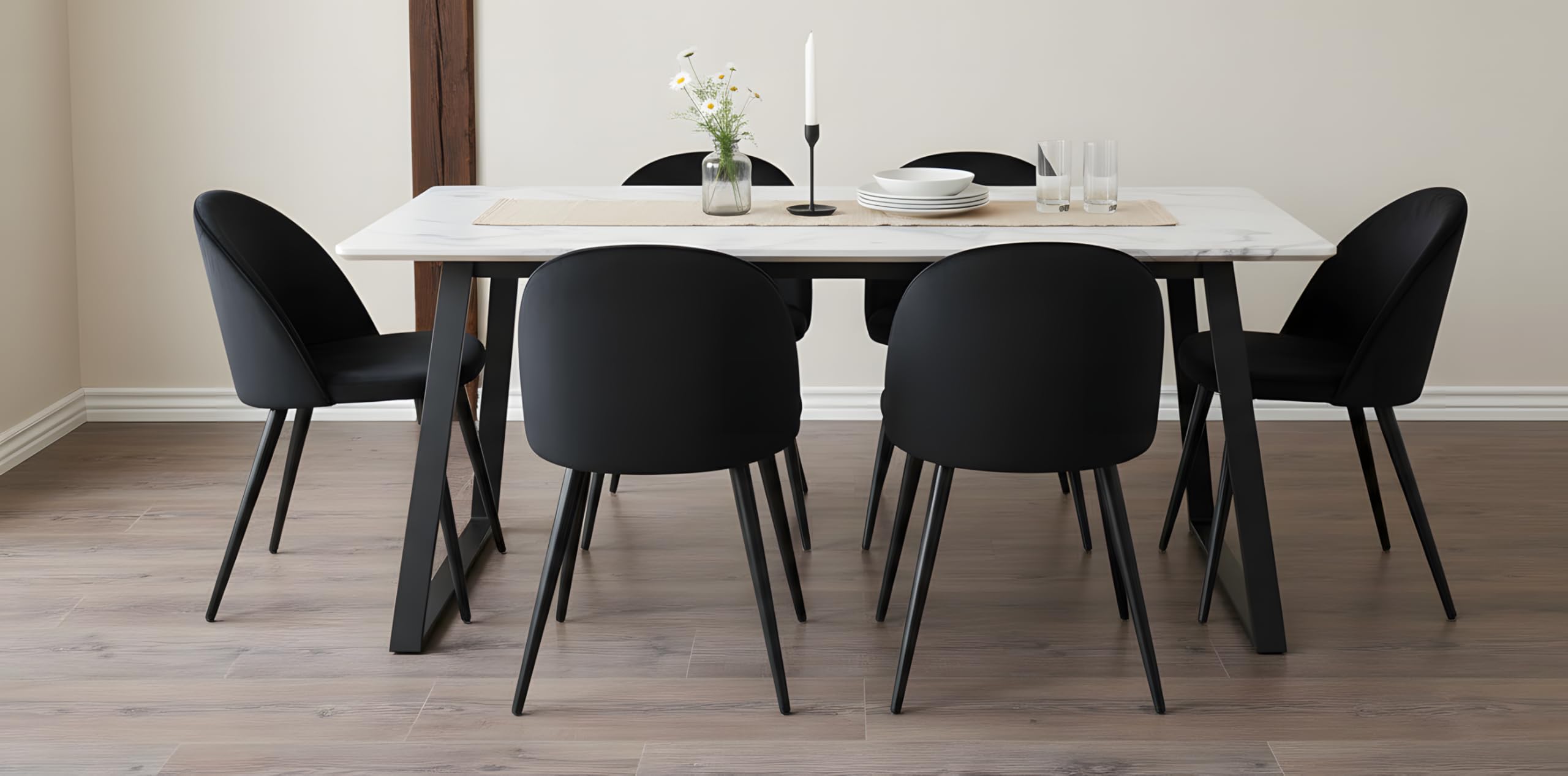 Essgruppe mit 6 Stühlen - Malaga Esstisch 90x200 cm Weiß mit 6 Skagen Stühlen Schwarz Velours skandinavisch Esszimmerset Tischgruppe 6 Personen Skandi Design Essbereich