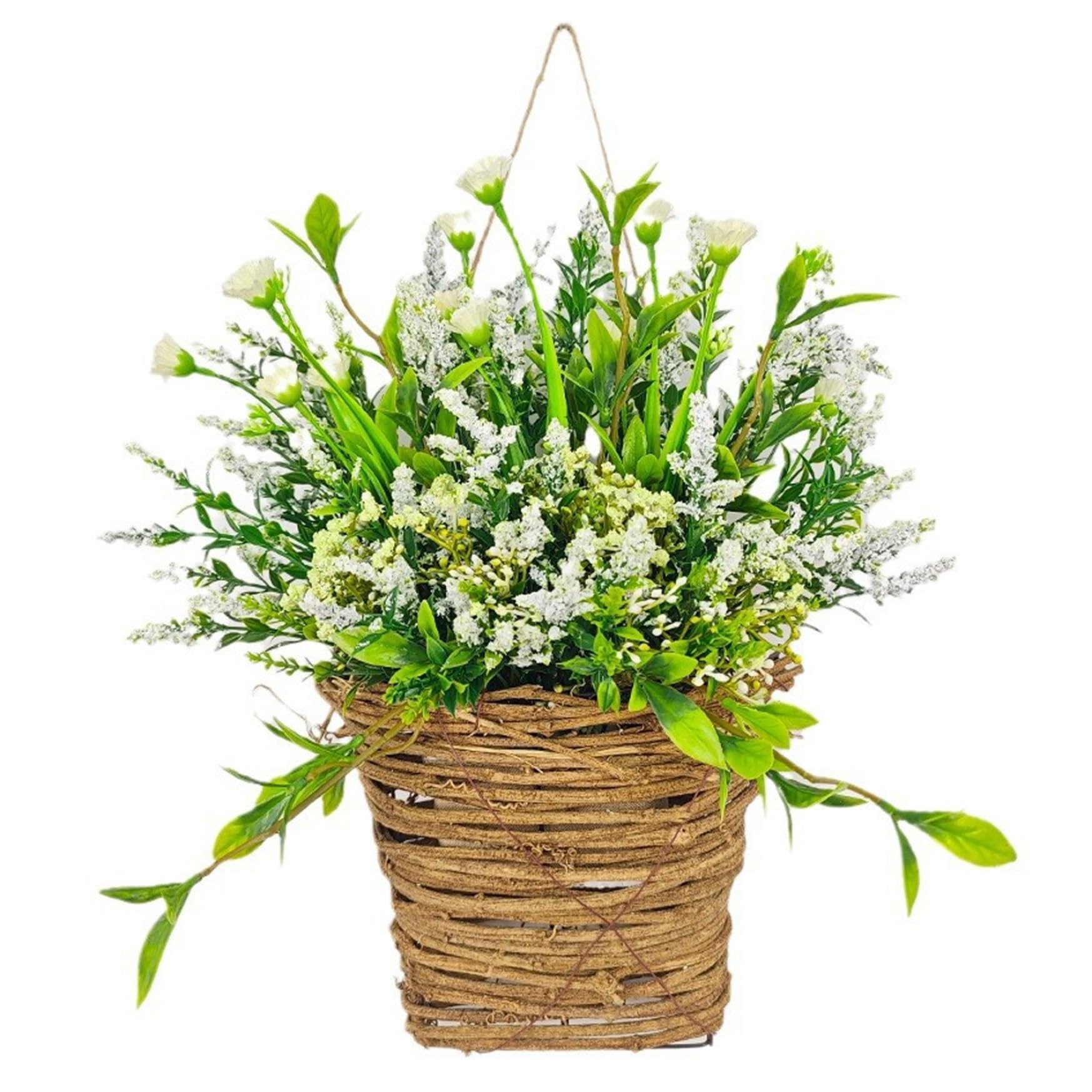 Panier suspendu rustique avec couronne de fleurs sauvages blanches de 35cm pour porte
