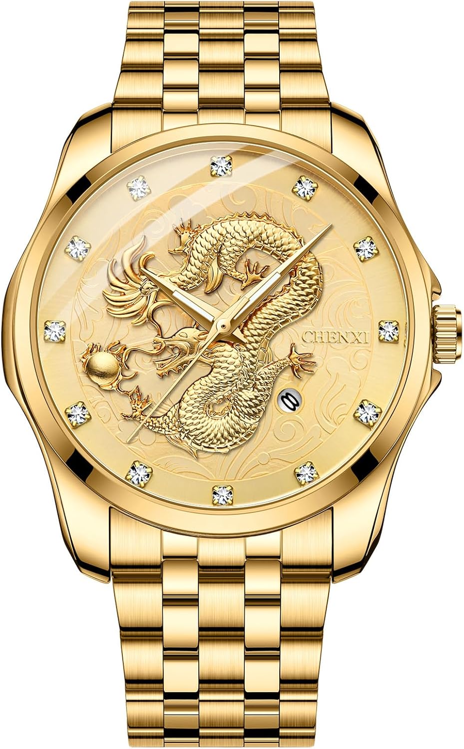 Avaner Men's Gold Dragon Watches: Stainless Steel Band Analog Quartz Wrist Watches with Date and Luminous Hands