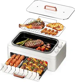 Churrasqueira Elétrica 4 em 1 sem Fumaça para Uso Interno – Grill de Bancada com Chapa e Grelha Removíveis,Espetos Giratórios Automáticos e Rolo para Salsichas,Dupla Zona de Aquecimento com Tampa