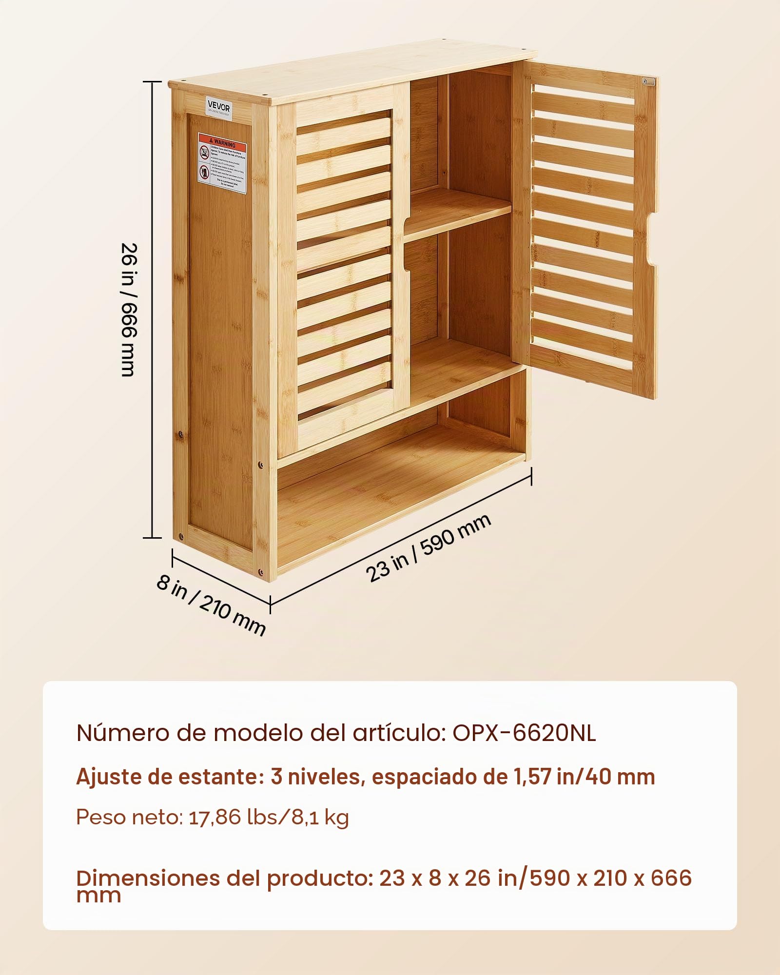 VEVOR Armario de Pared para Baño con 2 Puertas y Estantes Ajustables, Ideal para Colocar sobre el Inodoro, con Compartimento Abierto para Cocina y Baño, Fácil de Instalar, 590 x 210 x 666 mm