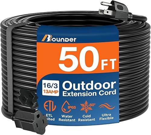 BBOUNDER Cable de extensión para exteriores de 50 pies, impermeable, negro 163 SJTW resistente 13A 1625W, cable de extensión flexible de 3 puntas de
