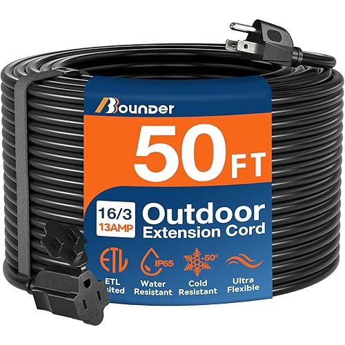 BBOUNDER 50 FT Outdoor Extension Cord Waterproof, Black 16/3 SJTW Heavy Duty 13A 1625W, Flexible 100% Copper 3 Prong Extension Cord for Lawn, Garage