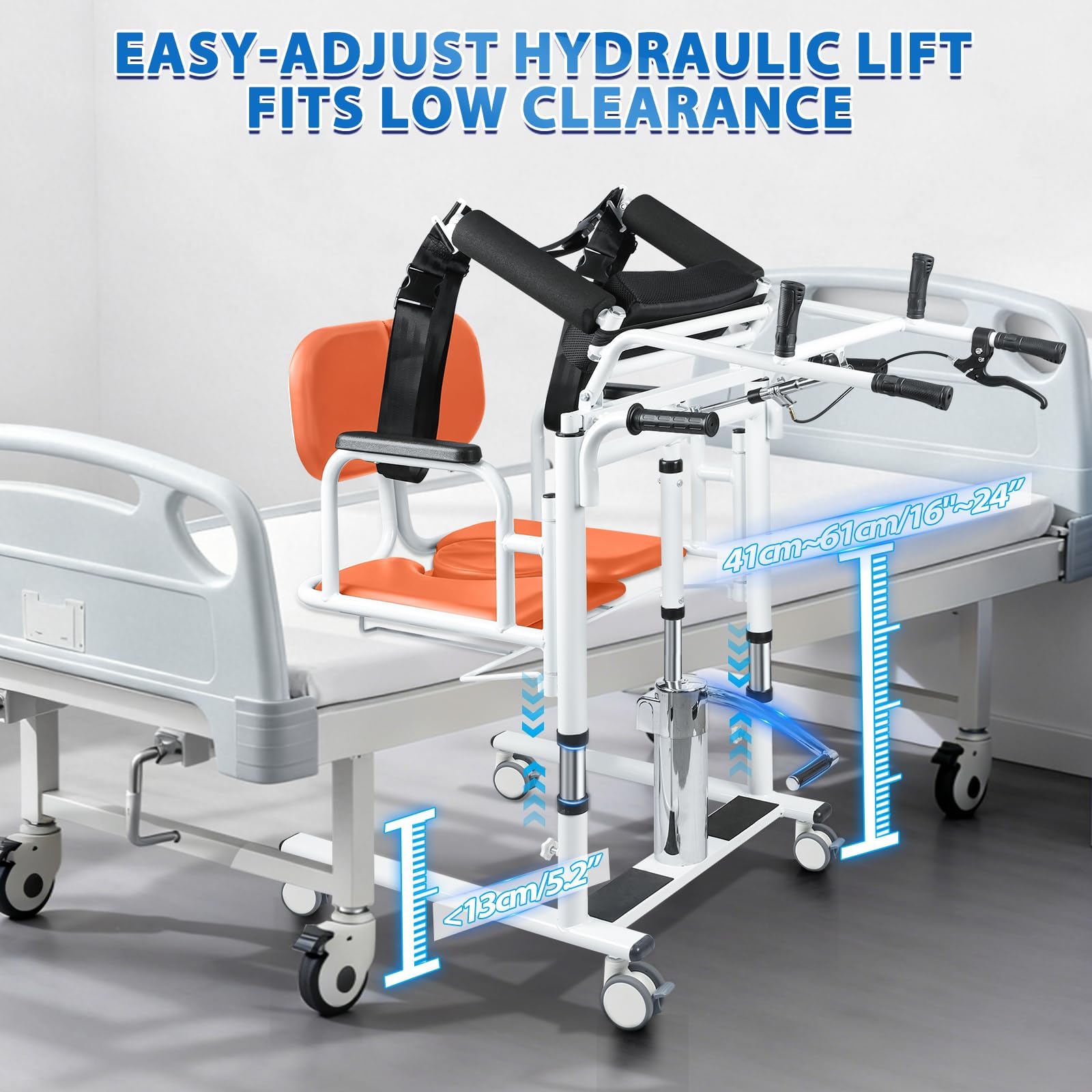 Silla Grua de Transferencia para Discapacitados Pacientes | Elevador Hidráulico 200kg, Asiento 180°, Altura 41-65cm, 4 Ruedas con Frenos, Uso en Hogar/Residencia/Hospital