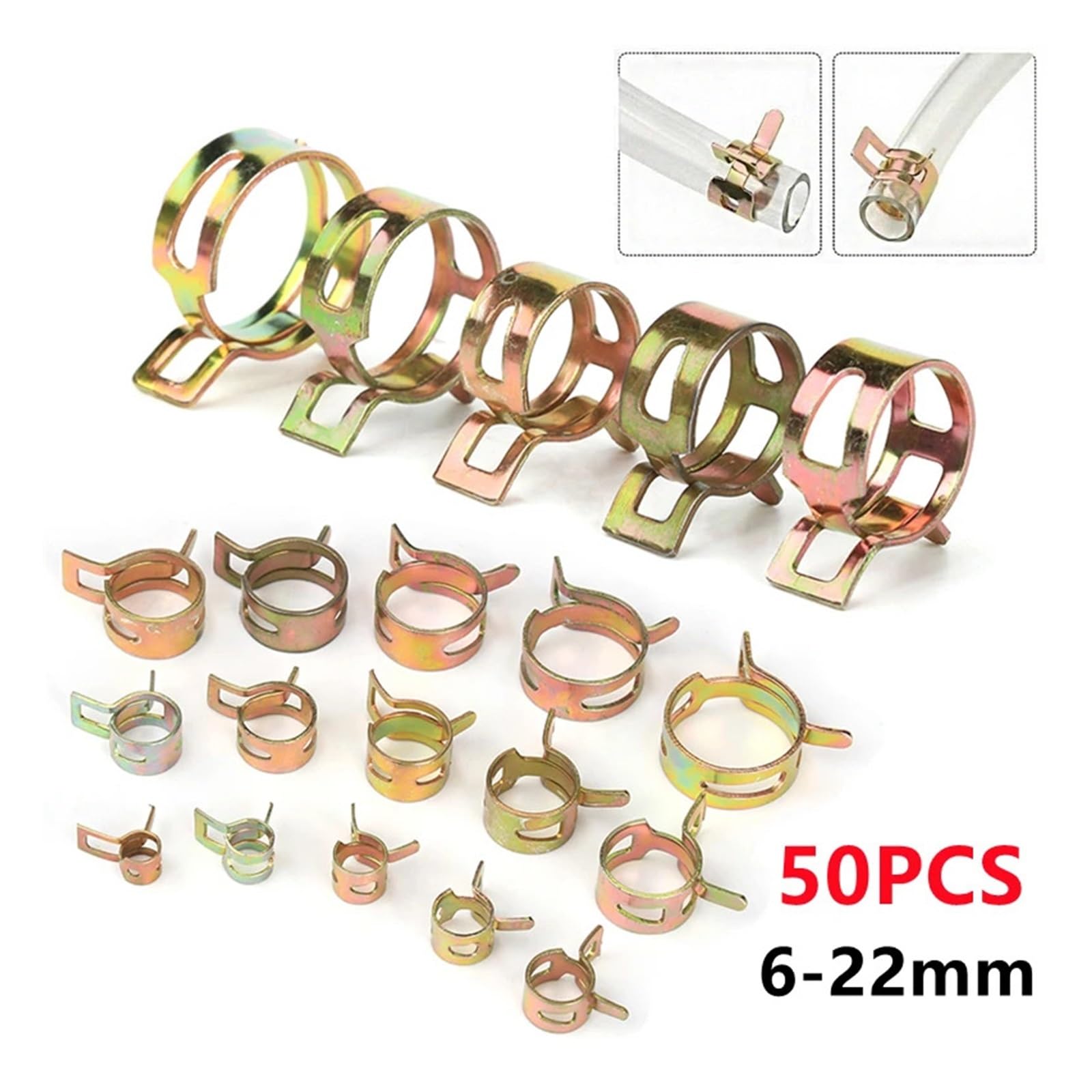 Fascette stringitubo, 50 Pezzi di Morsetti a Molla in Acciaio al Carbonio for Fascette stringitubo, Fascette stringitubo e raccordi for ferramenta di Fissaggio da 6 a 22 mm(ID 22mm)