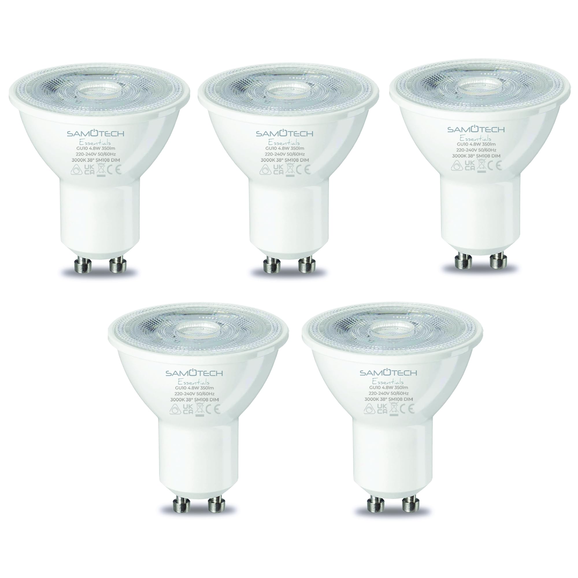 SAMOTECH 5 Pack x GU10 Bright Warm White Dimmable LED Bulb No Flickering 3000K 350lm 38° Beam - 5pack