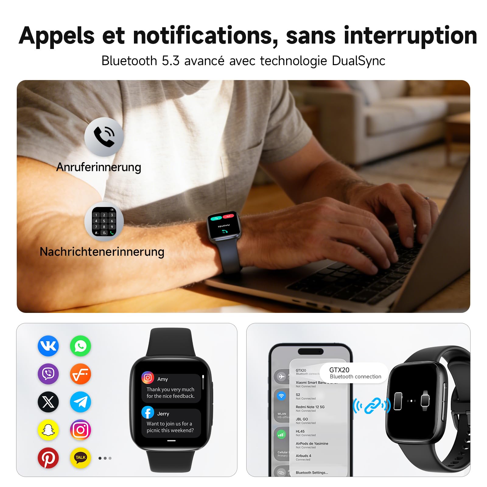 Montre Connectée Homme Femme, 1.85" AMOLED Smartwatch avec Appel Bluetooth, 3ATM Étanche, 100+ Modes Sportifs, SpO2/Sommeil/Fréquence Cardiaque, Podomètre & Calories, Compatible Samsung/iPhone/Android