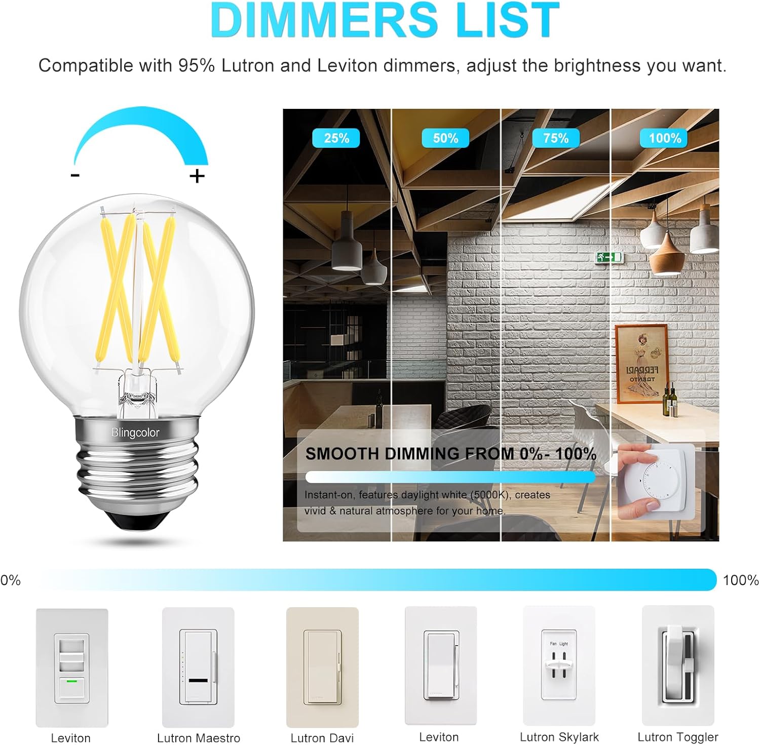6 PACK Dimmable G16.5 LED Light Bulbs 60 watt, E26 LED Bulbs 60 Watt Daylight 5000K, 6W E26 Globe LED Edison Small Light bulb for Ceiling Fan lights, Chandelier, Vanity Lights, CRI80+, AC120V, 600lm