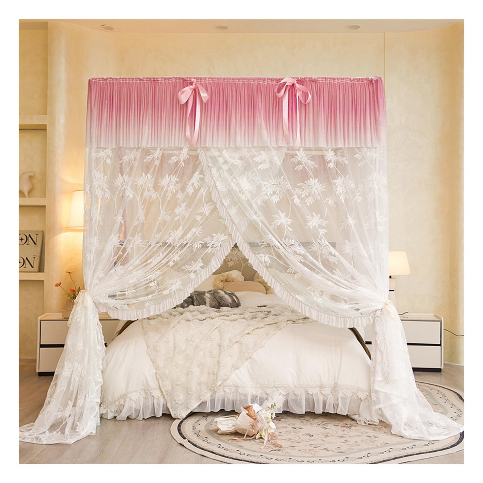 Mosquitera para cama matrimonial con dosel rosa y marco firme contra insectos molestos