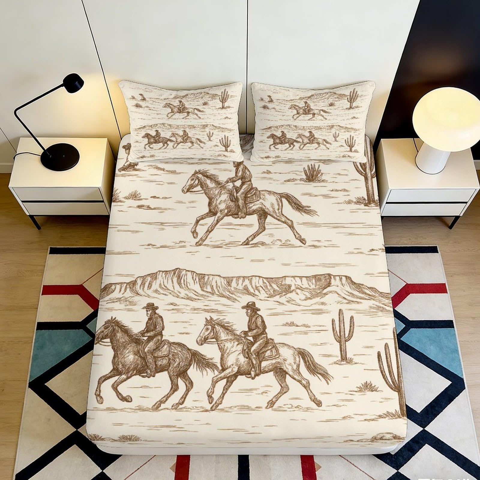 3D Printed Vintage Cowboy Horse Fitted Sheet Microfiber Breathable Western Desert Mattress Cover for Bedroom Guest Room 90x200x25cm