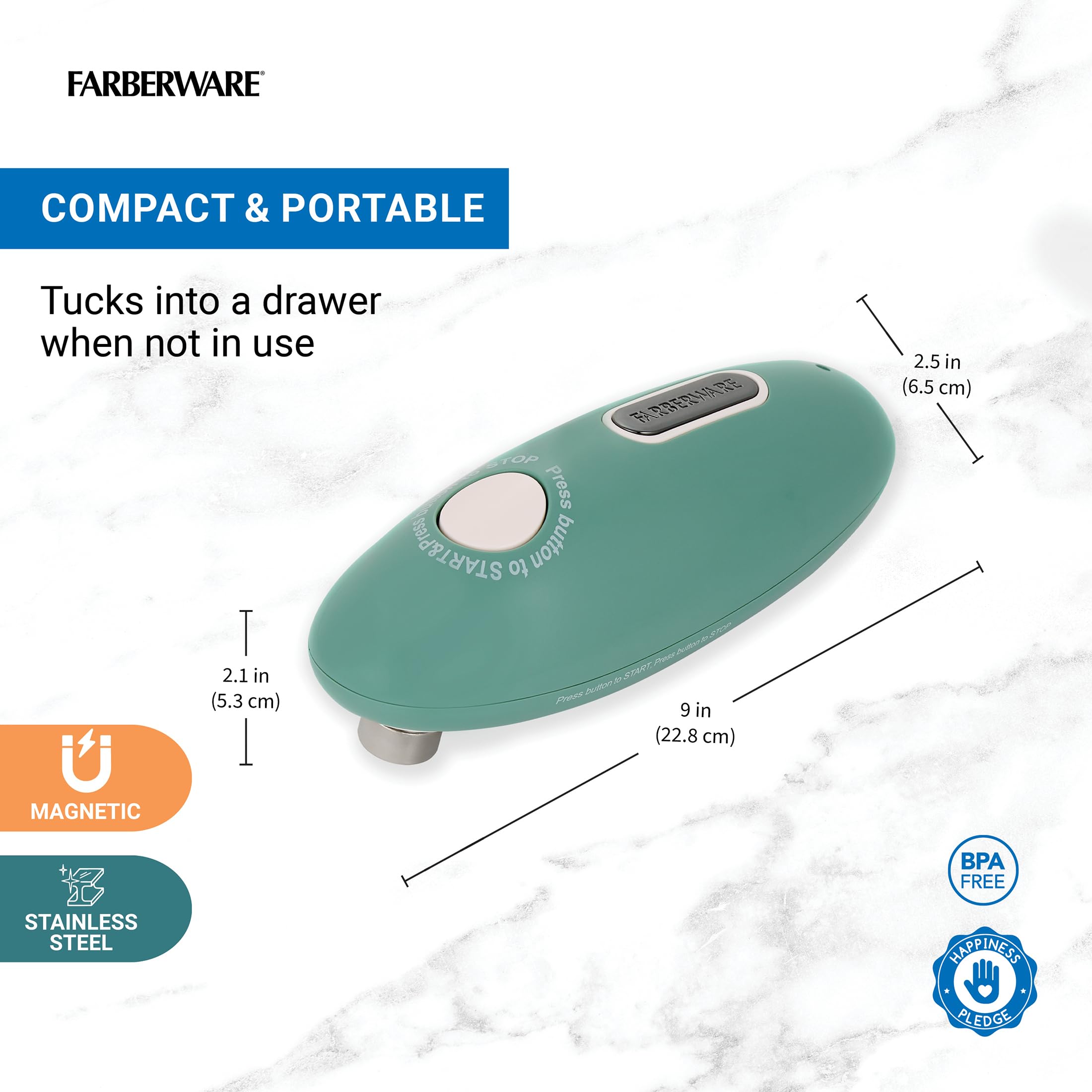 Farberware Elektryczny otwieracz do puszek z ładowaniem USB, bez użycia rąk, automatyczny otwieracz do puszek z wbudowaną baterią, magnetyczny podnośnik pokrywy, kompaktowa konstrukcja, przewód do