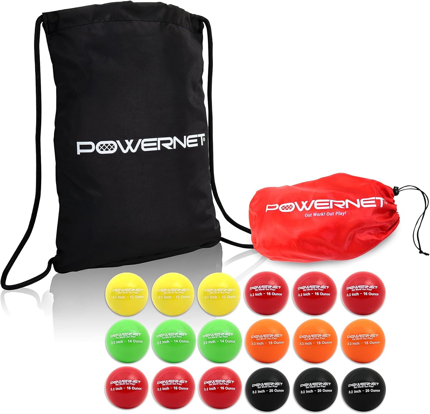 PowerNet 3.2" Softball Weighted Progressive Training Balls Bundle with 17” H x 13” W Drawstring Sack, Complete Set Heavy Ball 18 Pack 12 to 20 oz, Build Strength and Muscle