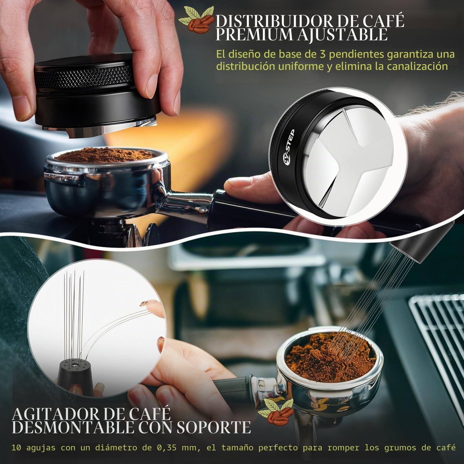 Y-Step Juego de 8 accesorios para espresso, tamper de café de 51mm con estación de tamper, nivelador de café, herramienta WDT, anillo dosificador, cepillo de limpieza, pantalla de disco, agitador
