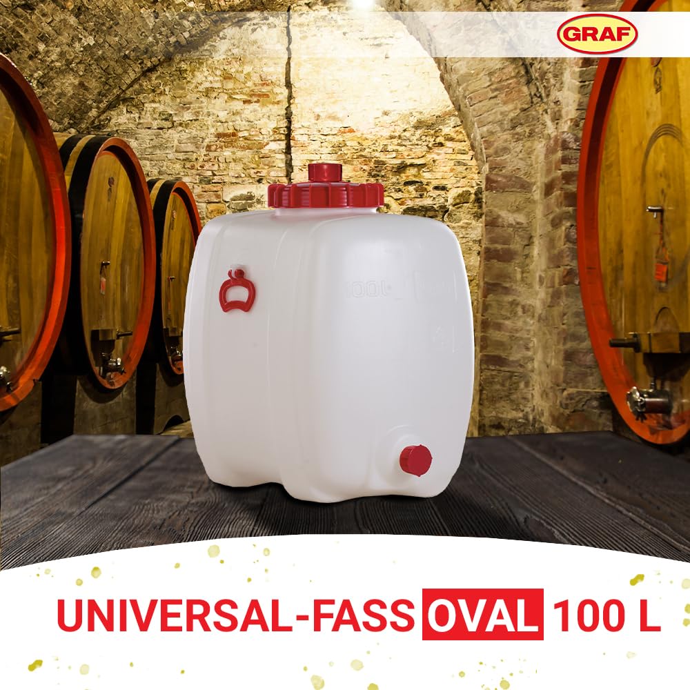 GRAF Universal-Fass 100 Liter oval aus lebensmittelechten PE Wasserkanister | Kanister, Gärbehälter, Fass, Wasserbehälter, Mostfass, Wasserfass mit Deckel, Kunststofffass, Barrel