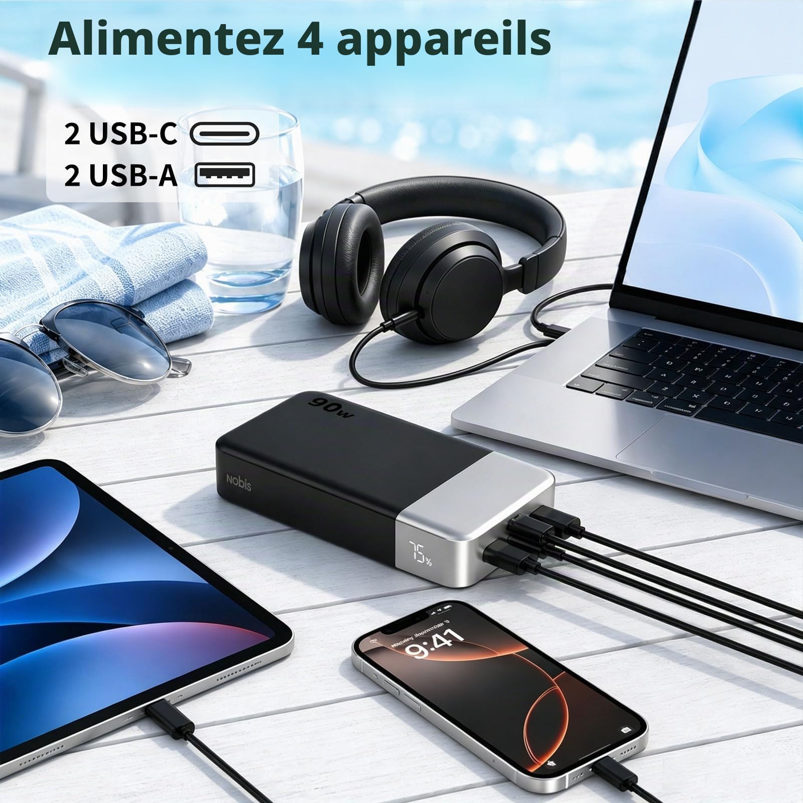 NOBIS Batterie Externe 90W 20 000 mAh Charge Rapide PD Ordinateur