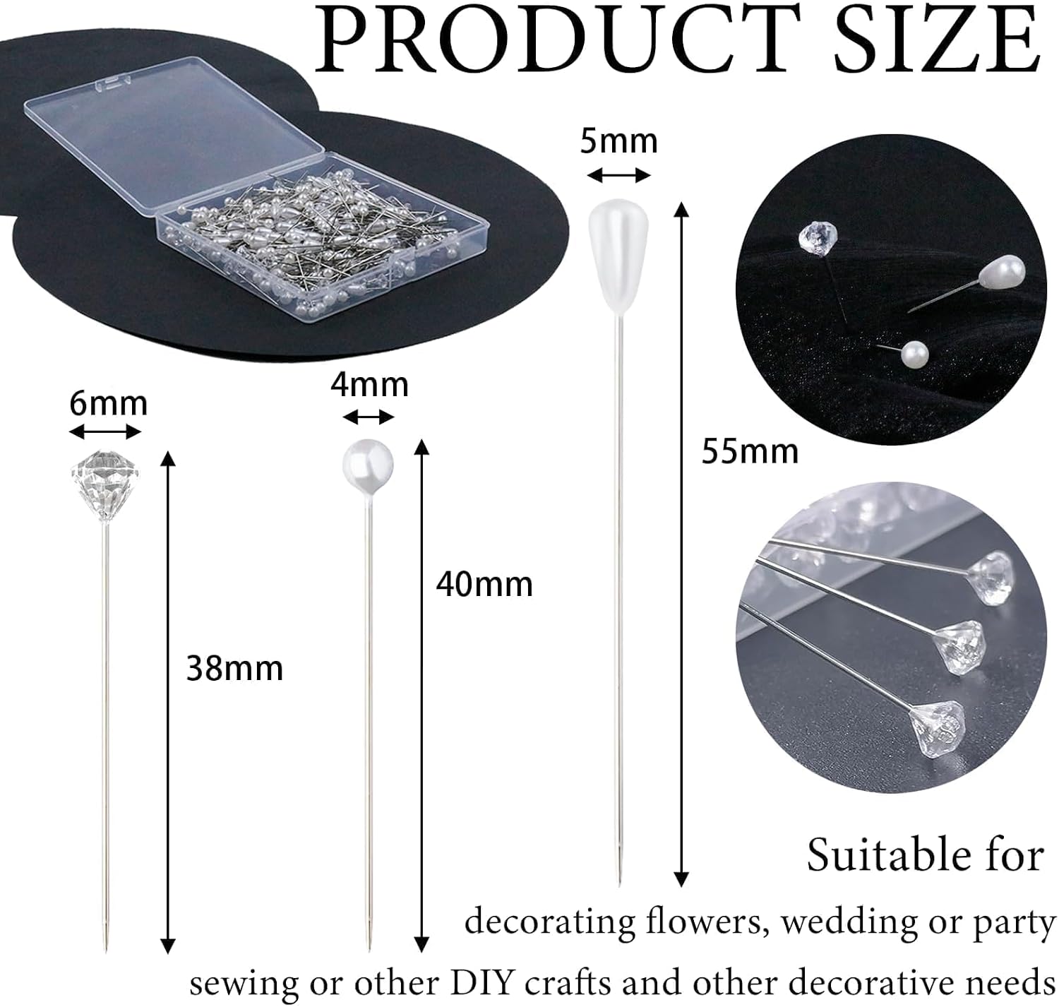 300 PCS Floral Pins for Bouquet 3 Styles Pearl Diamond Boutonniere Pins Craft Wedding Corsage Accessories with 1 Box for Dressmaking Sewing Jewelry Flower Decoration