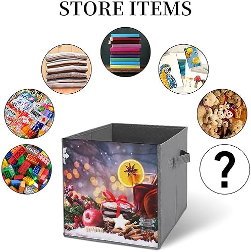 Miniatura 6 de Christmas Wine Food Collapsible Fabric Storage Cubes Organizer with Handles,Wooden Rustic Table Closet Organizers for Shelves,Foldable,for