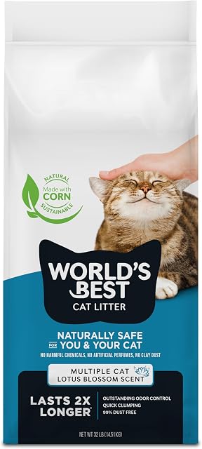 World's Best CAT Litter Multiple Cat Lotus Blossom Scented 32-Pounds - Natural Ingredients, Quick Clumping, Flushable, 99% Dust Free & Made in USA - Floral Fragrance & Long-Lasting Odor Control