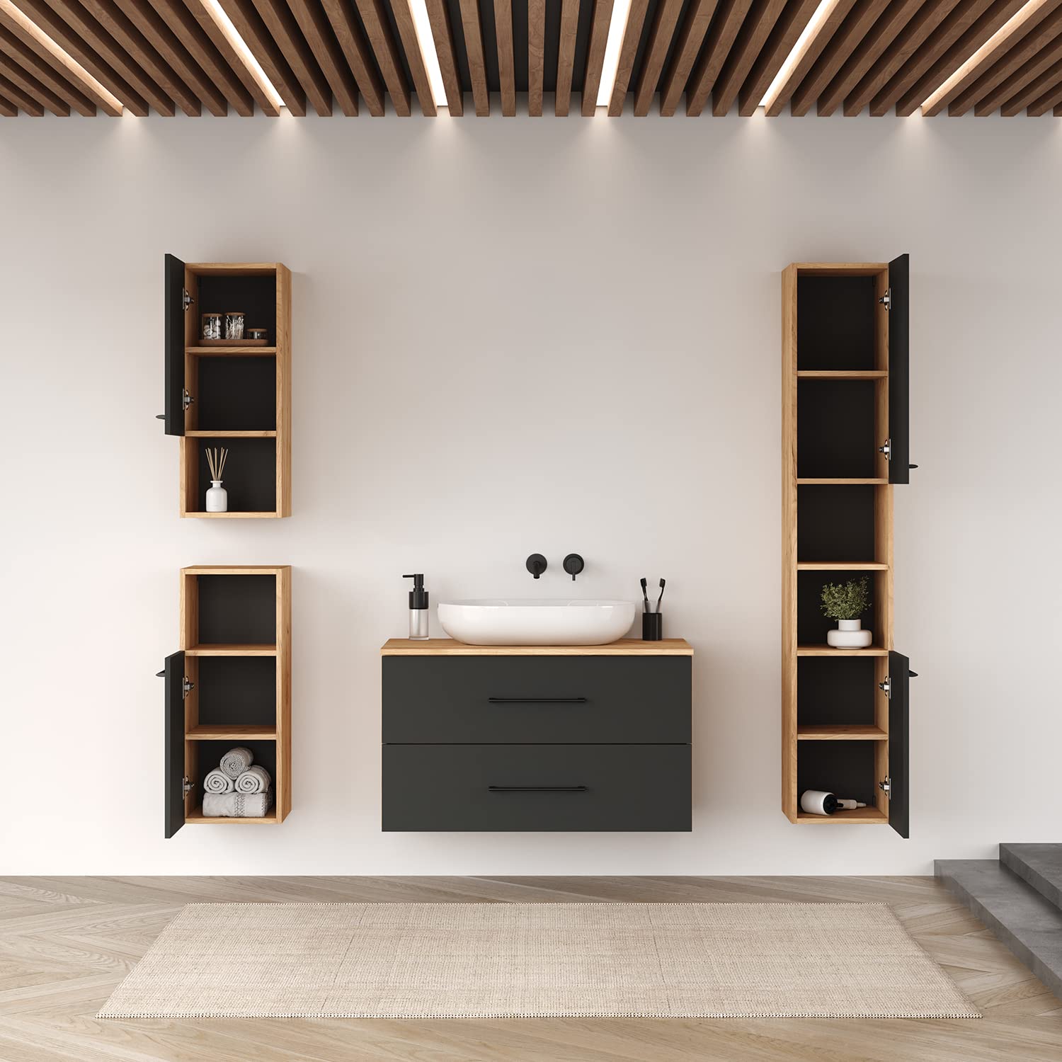 Planetmöbel Ensemble de Meubles de Salle de Bain LUX 90 cm, sans lavabo, avec Armoire Haute, chêne doré/Anthracite et 2 armoires midi doré/chêne doré/Anthracite
