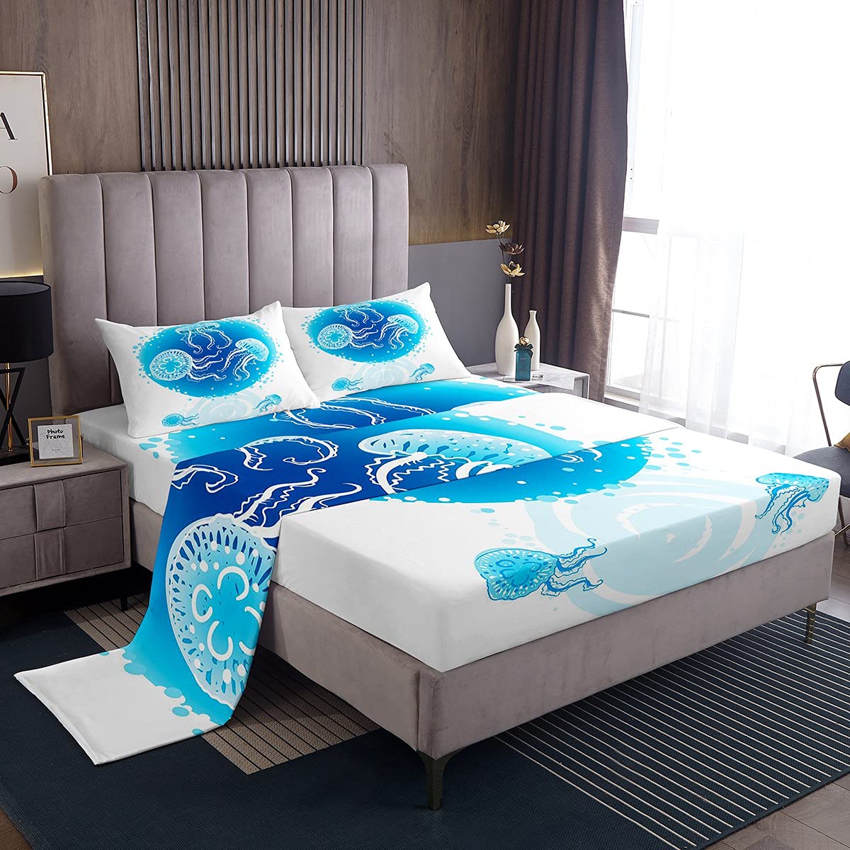 Jellyfish Bed Sheet Set Ocean Creature Bedding Set Sea Underwater World Bed Sheets for Boys Girls Children Teens Bed Set Blue Watercolor Double Size With 2 Pillow Case