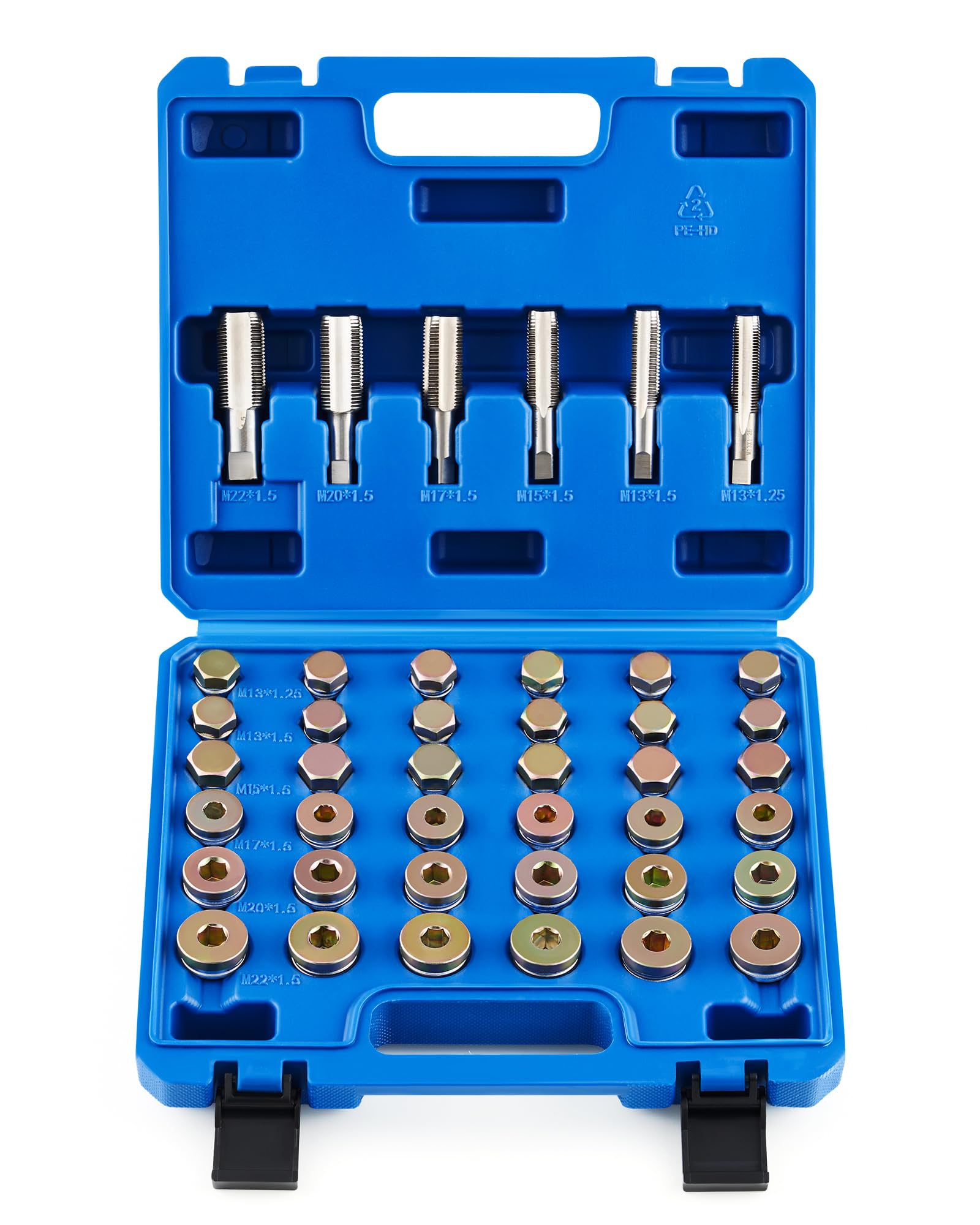 Orion Motor Tech 150pc Oil Drain Plug Repair Kit in M13 M15 M17 M20 M22 Sizes, Metric Oil Drain Pan Thread Repair Kit with Crush Washers Thread Taps Drain Plugs and Carry Case, Rethreading Tools