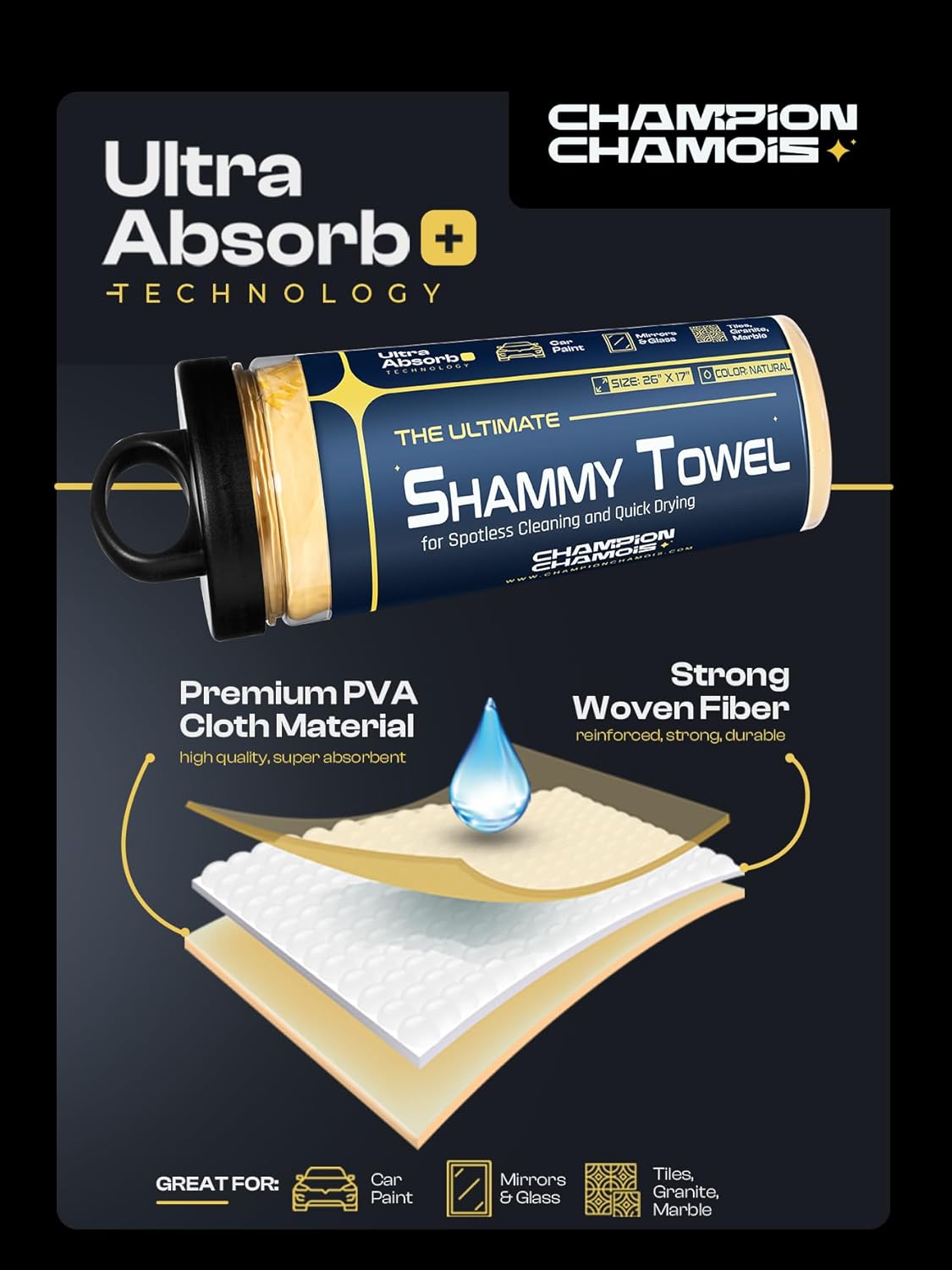 Premium Large Shammy Towel for Car - 2pk Pack (26"x17") - Super Absorbent, Soft, Streak-Free, Scratch-Free Cloth for Cars, Boats, Home - Long Lasting Chamois Towel + Hanging Storage Tubes - Original