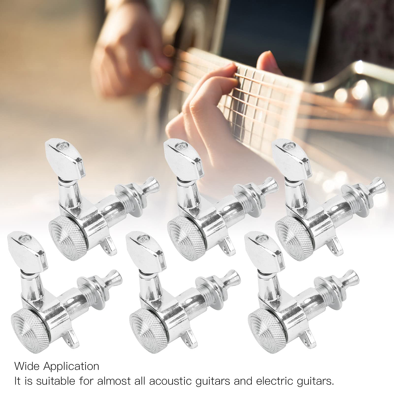 Blokowanie Stroik do Struny Gitarowej 6 Sztuk Gitara Elektryczna lub Akustyczna 6 Strunowa Głowica Maszyny Uszczelnione Gałki Zestaw Kluczy Tunera Srebrny(Zestaw sześciu prawych przycisków)