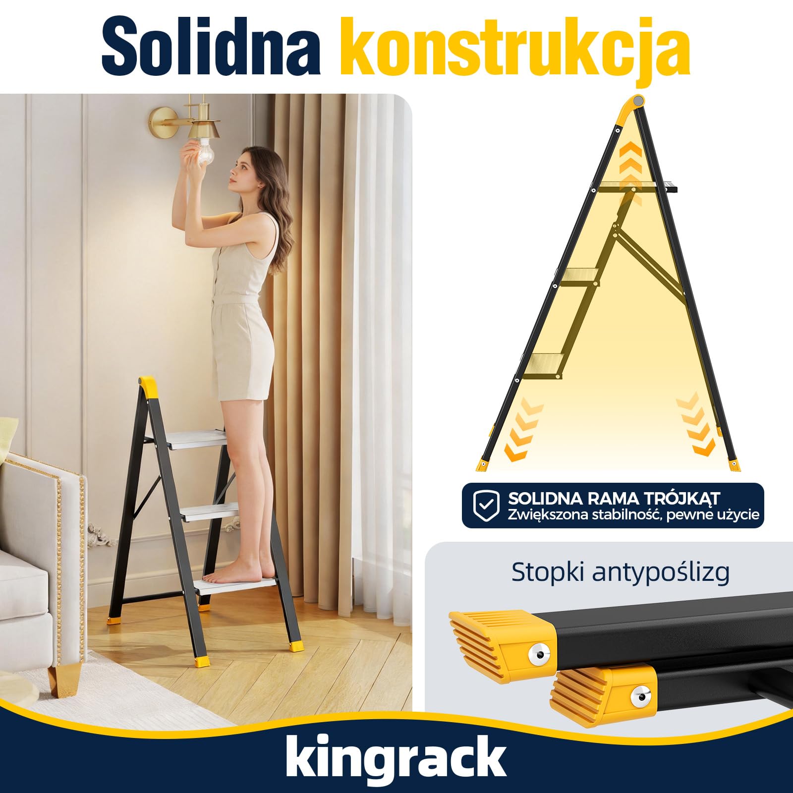 KINGRACK Drabina schodkowa, 3-stopniowa, składana, do gospodarstwa domowego, obciążenie do 150 kg, czarna