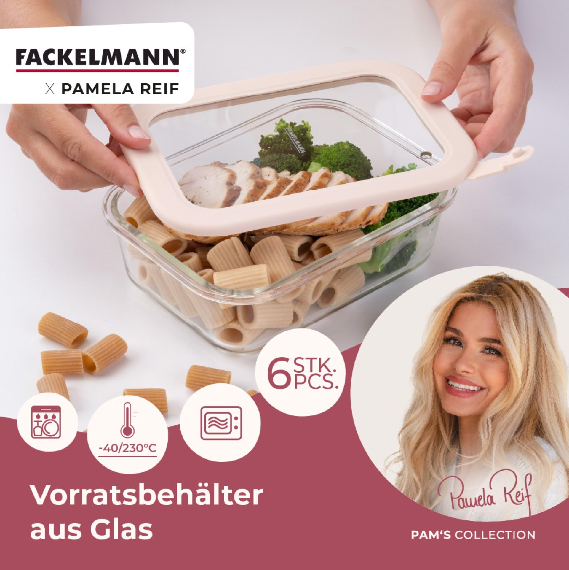 FACKELMANN x Pamela Reif Vorratsdosen aus Glas – 6 Stück, 1050 ml, mikrowellen- und backofengeeignet, mit Lüftungsventil, pastellbeige