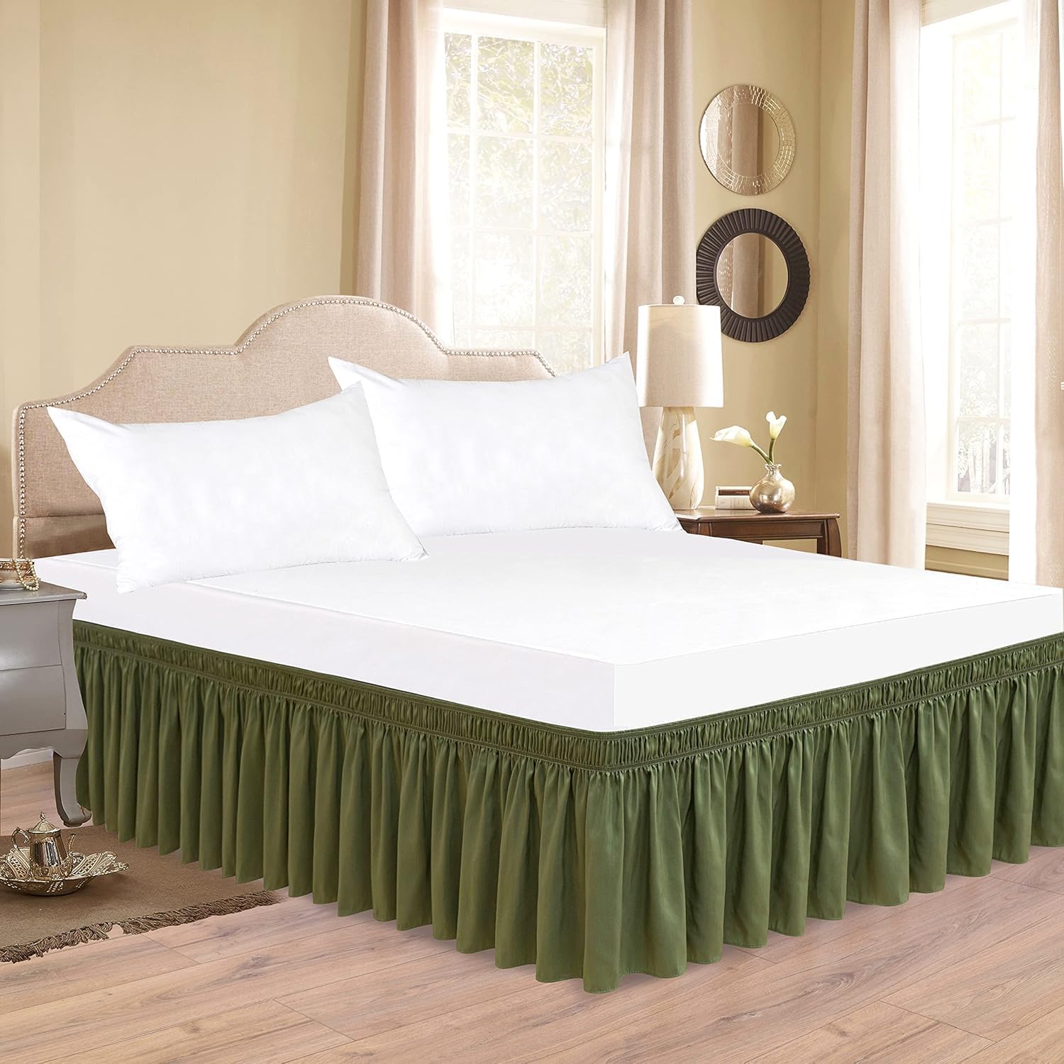 Wrap Around Bed Skirts Olive Cotton 400 TC Adjustable Elastic Dust Ruffles Bed Skirt California King Size Beds 12 Inches Drop