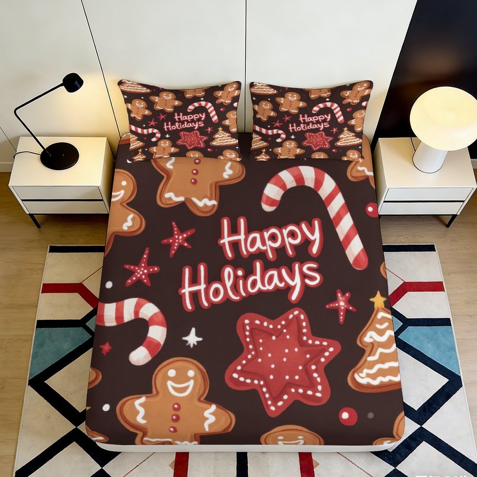 3D Printed Gingerbread Fitted Sheet Microfiber Holiday Candy Cane Bed Cover Slip Resistant Machine Washable for Bedroom Dorm 90x200x25cm