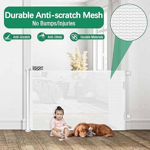 Miniatura 5 de Puertas retráctiles para bebés de 55 pulgadas de ancho, puerta retráctil para perros, puerta de malla para interiores, puerta retráctil para