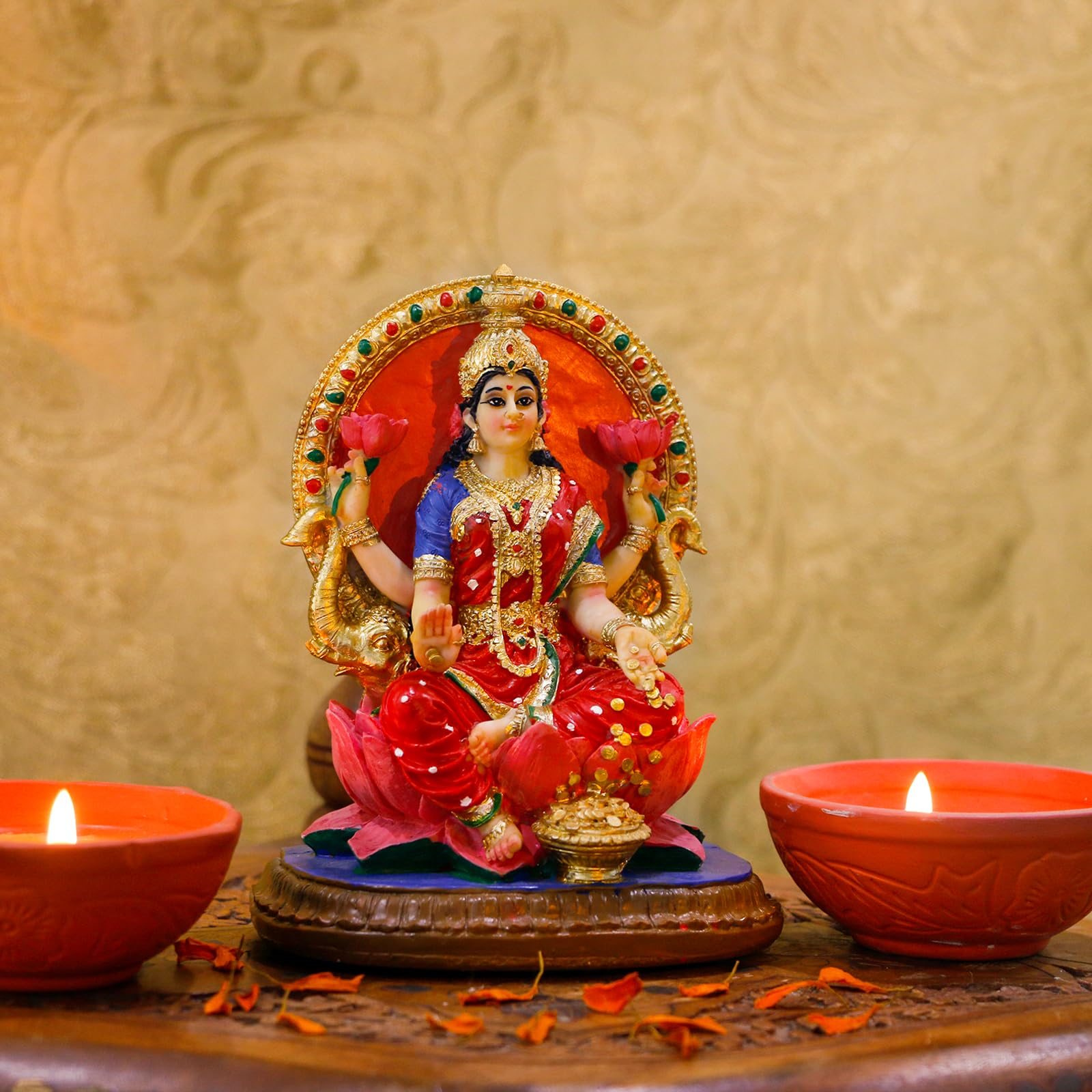 alikiki Indian Lakshmi Idol Statue - 5.1”H Hindu Goddess Laxmi MATA Murti India Pooja Item Home Office Temple Mandir Shrine Altar Diwali Puja Spiritual Decor Ideal Gifts for Indian Friend Relative