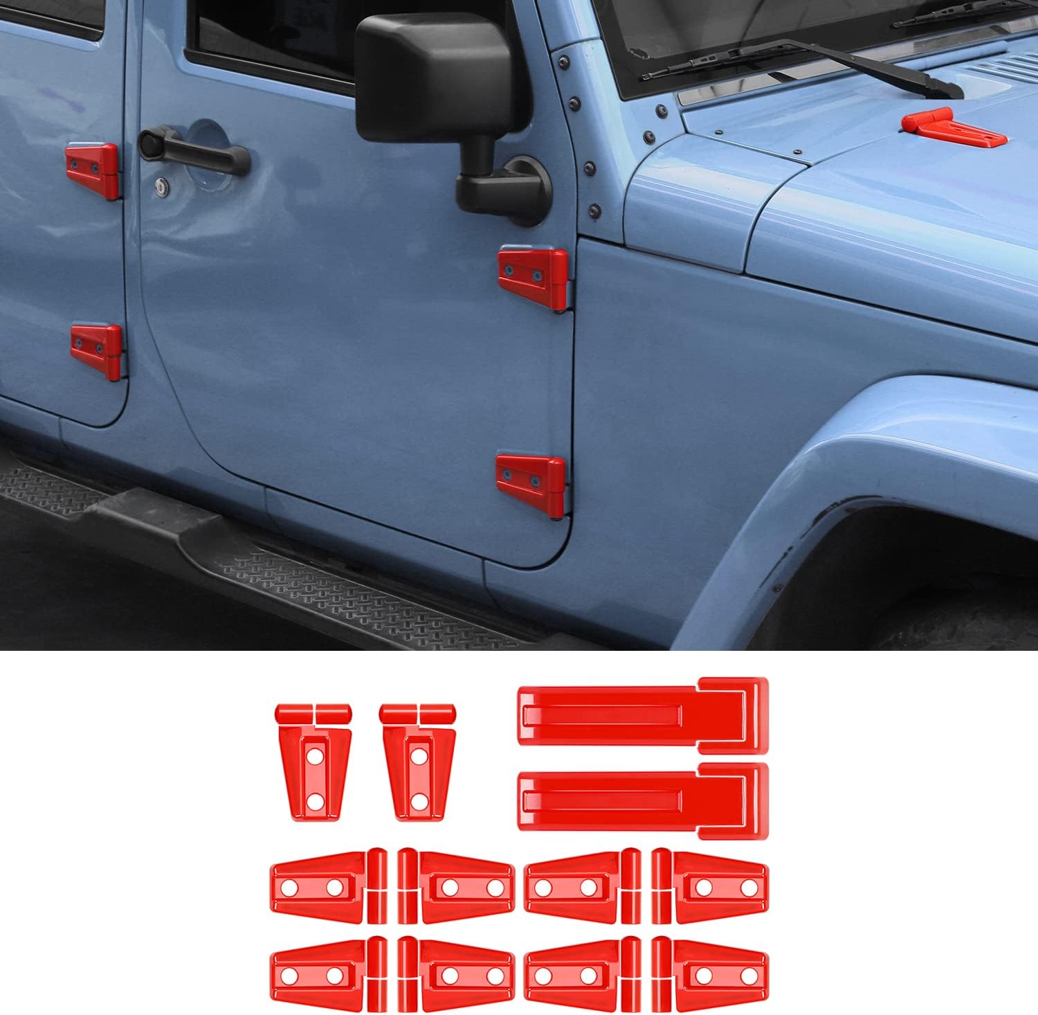 JK 12PCS Full Set Exterior Trim Kit, Door Hinge Cover & Engine Hood Hinge Trim & Spare Tire Bracket Trim Compatible with 2007-2017 Jeep Wrangler JK 4-Door, Red
