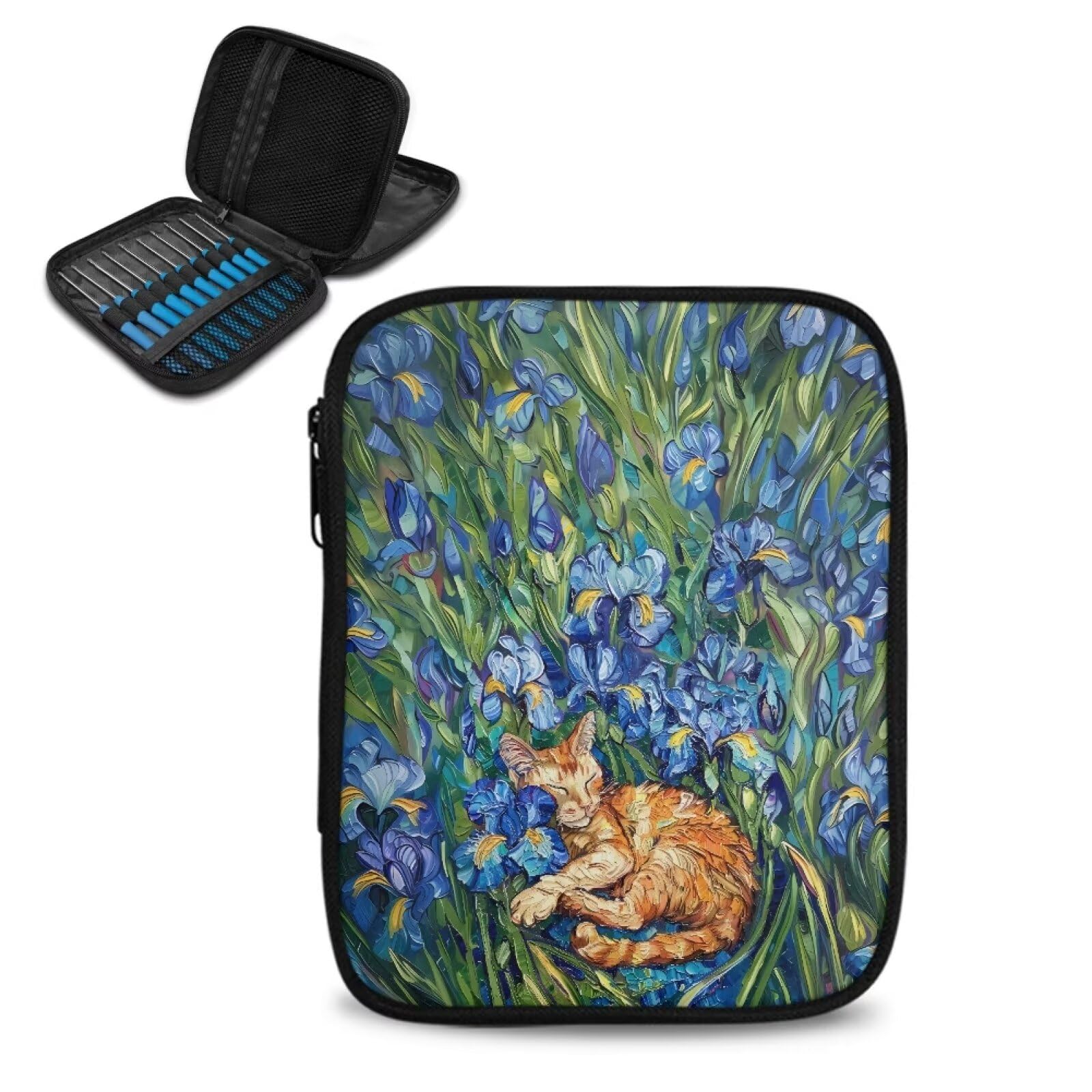 Irise Cat Crochet Hook Case Portable Crochet Storage Organizer with Web Pockets Knitting Needle Case for Airports and Parks