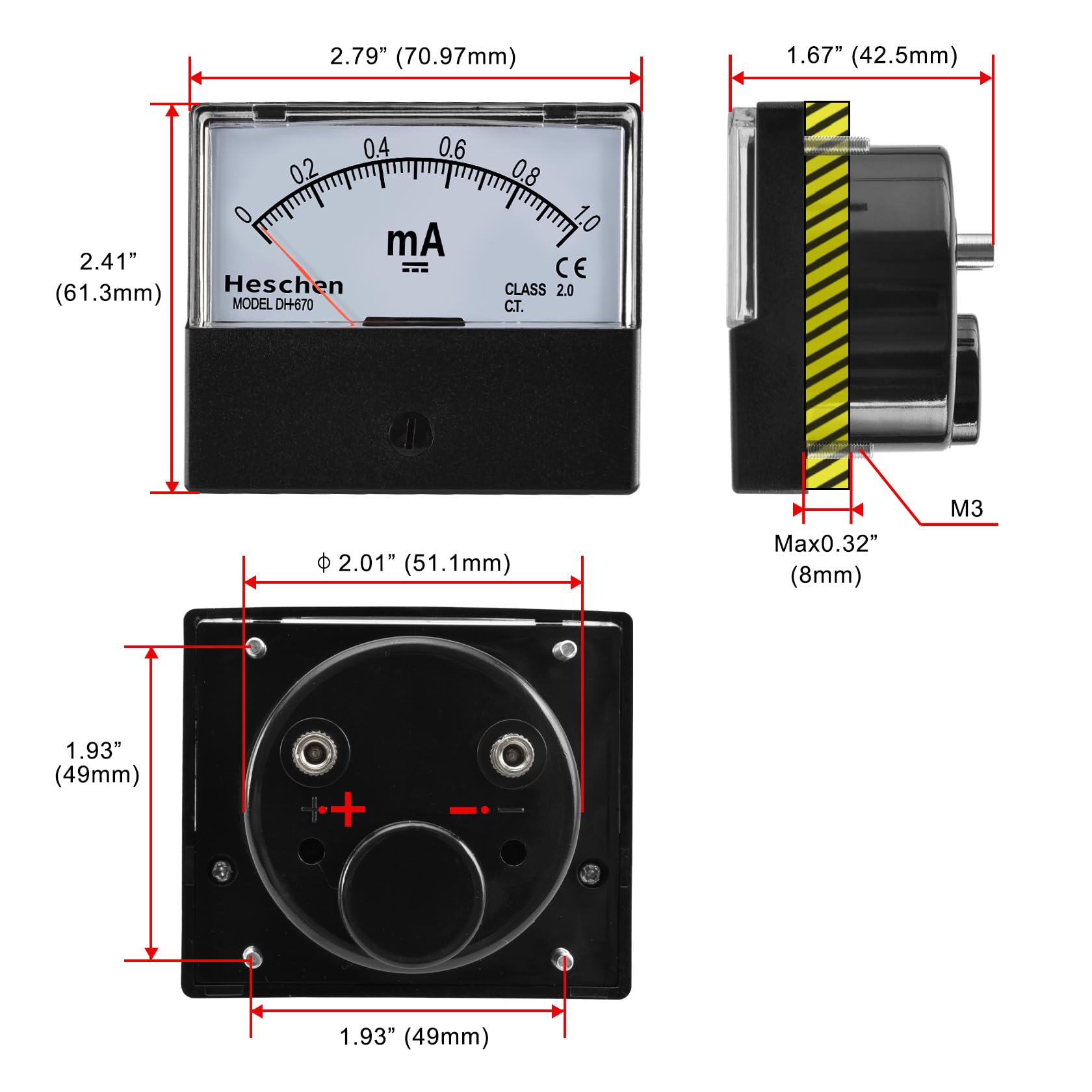 Heschen DH-670 Tester per amperometro a pannello rettangolare DC 0-1mA classe 2.0 CE